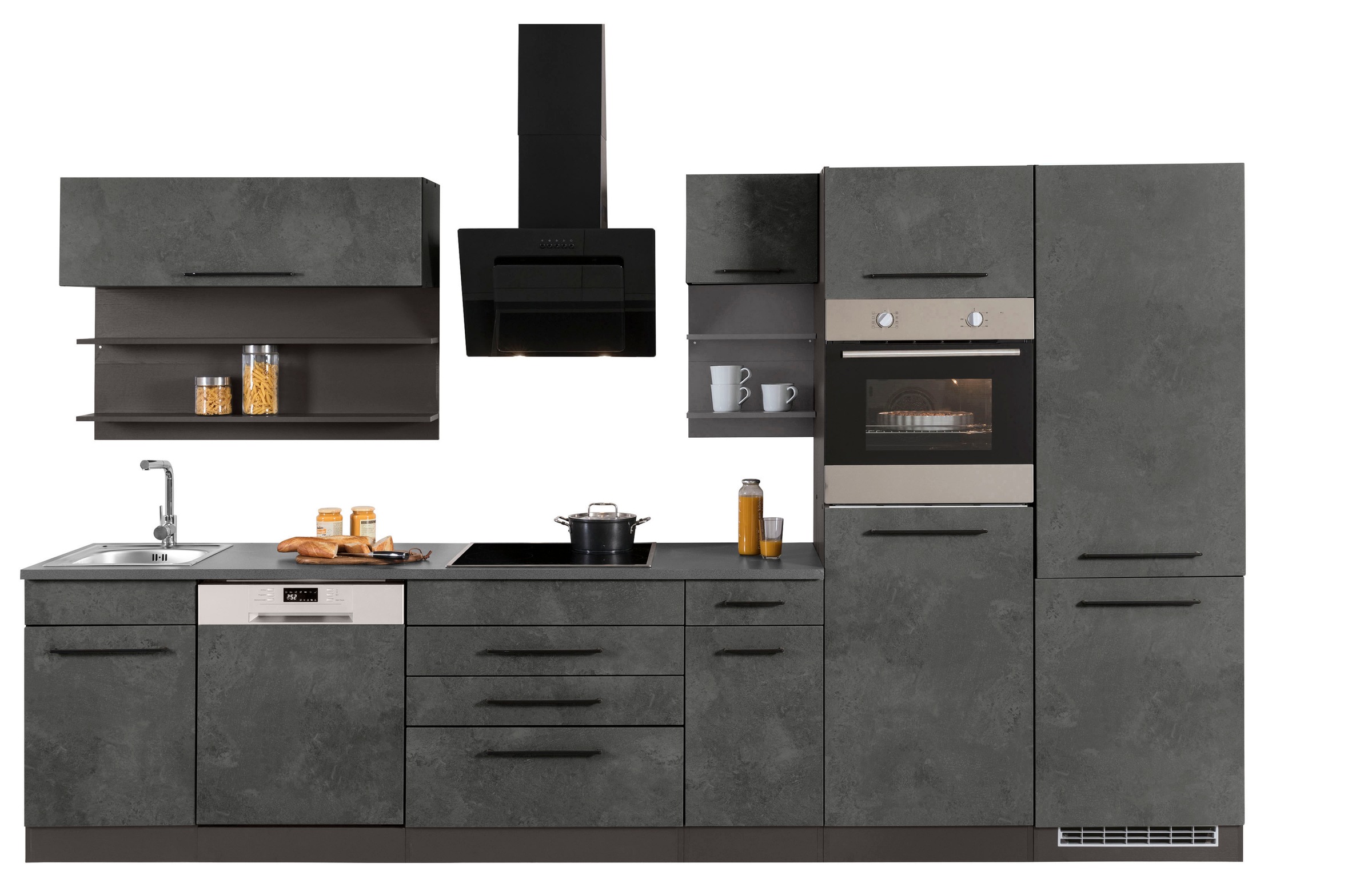 KOCHSTATION Küchenzeile »KS-Tulsa« ohne E-Geräte, Breite 350 cm, schwarze Metallgriffe, MDF Fronten