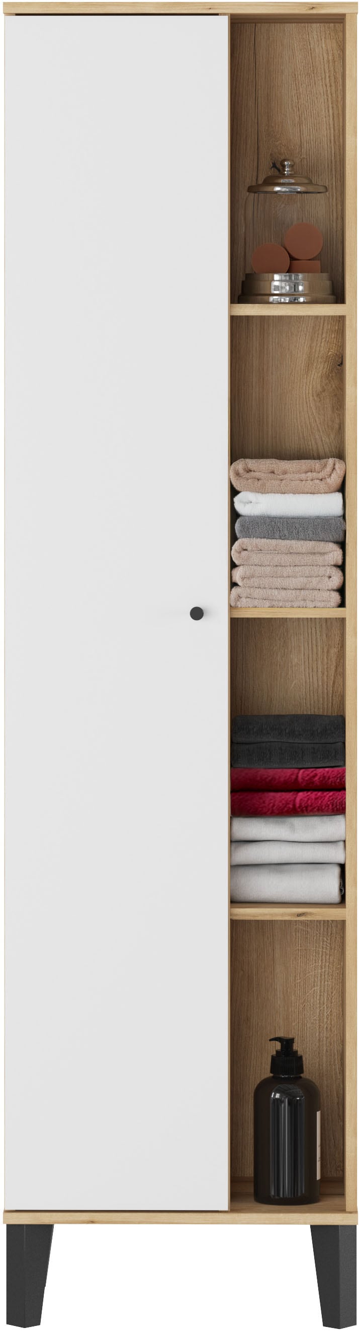 Home affaire Armoire de rangement »Oslo, Badschrank mit Knopfgriff, Hochschrank im skandinavischen Design« disponible en blanc ou gris, suffisamment d’espace de rangement