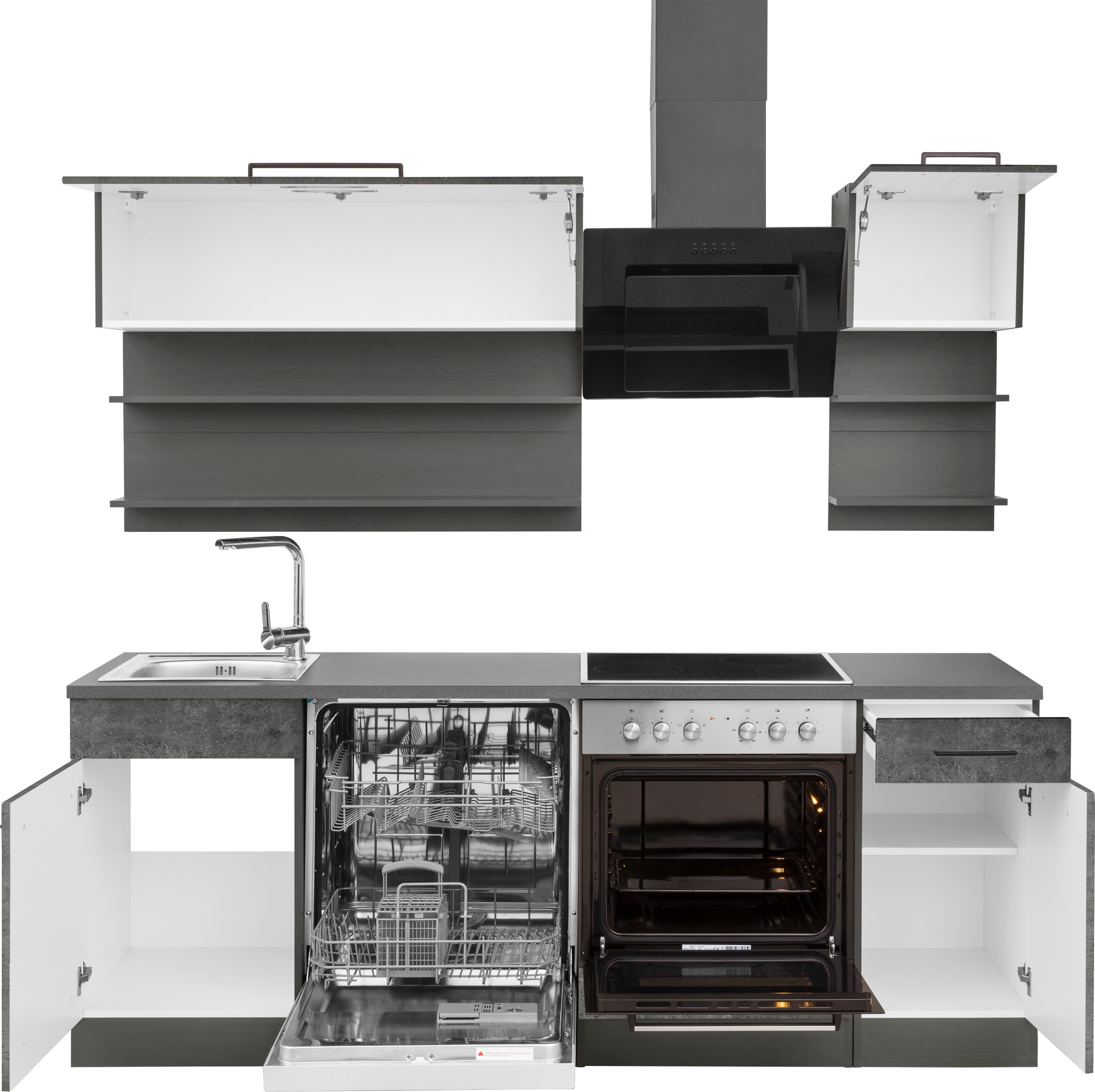 KOCHSTATION Küchenzeile »KS-Tulsa« ohne E-Geräte, Breite 210 cm, schwarze Metallgriffe, MDF Fronten