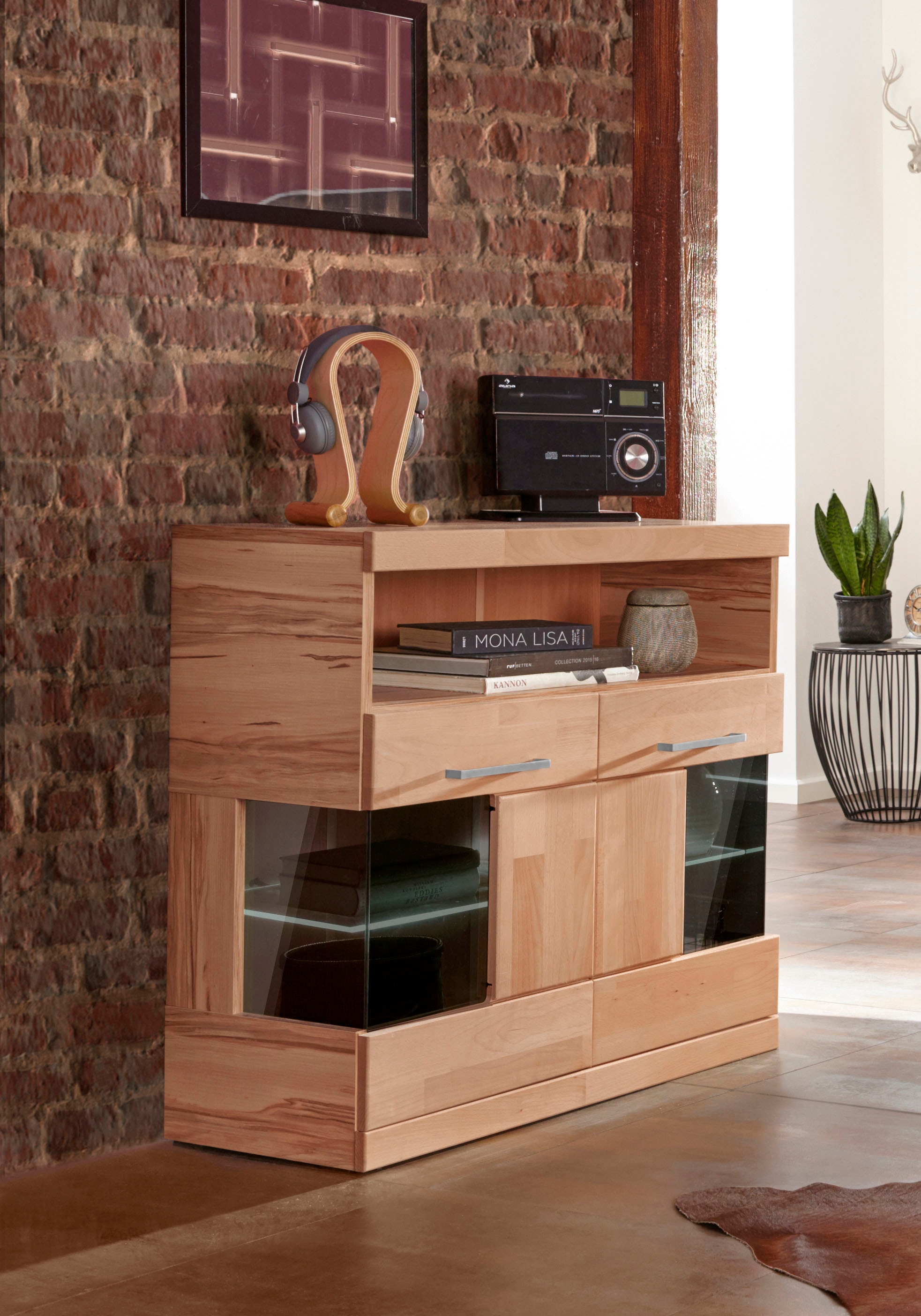 GOODproduct Kommode »Ribe 85cm breit,35 cm tief, Fronten Massivholz,2 Türen mit Glaseinsatz« Holz massiv, Holzwerkstoff,3 breite Fächer