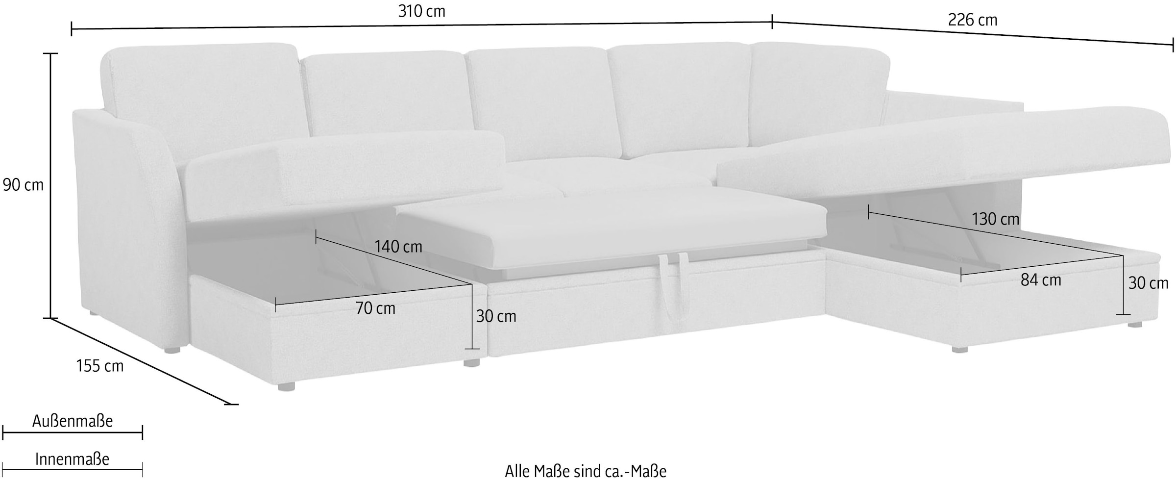 Home affaire Wohnlandschaft »Lavars Schlafsofa« mit Bettfunktion und Stauraum, in zwei verschiedenen Bezugsqualitäten