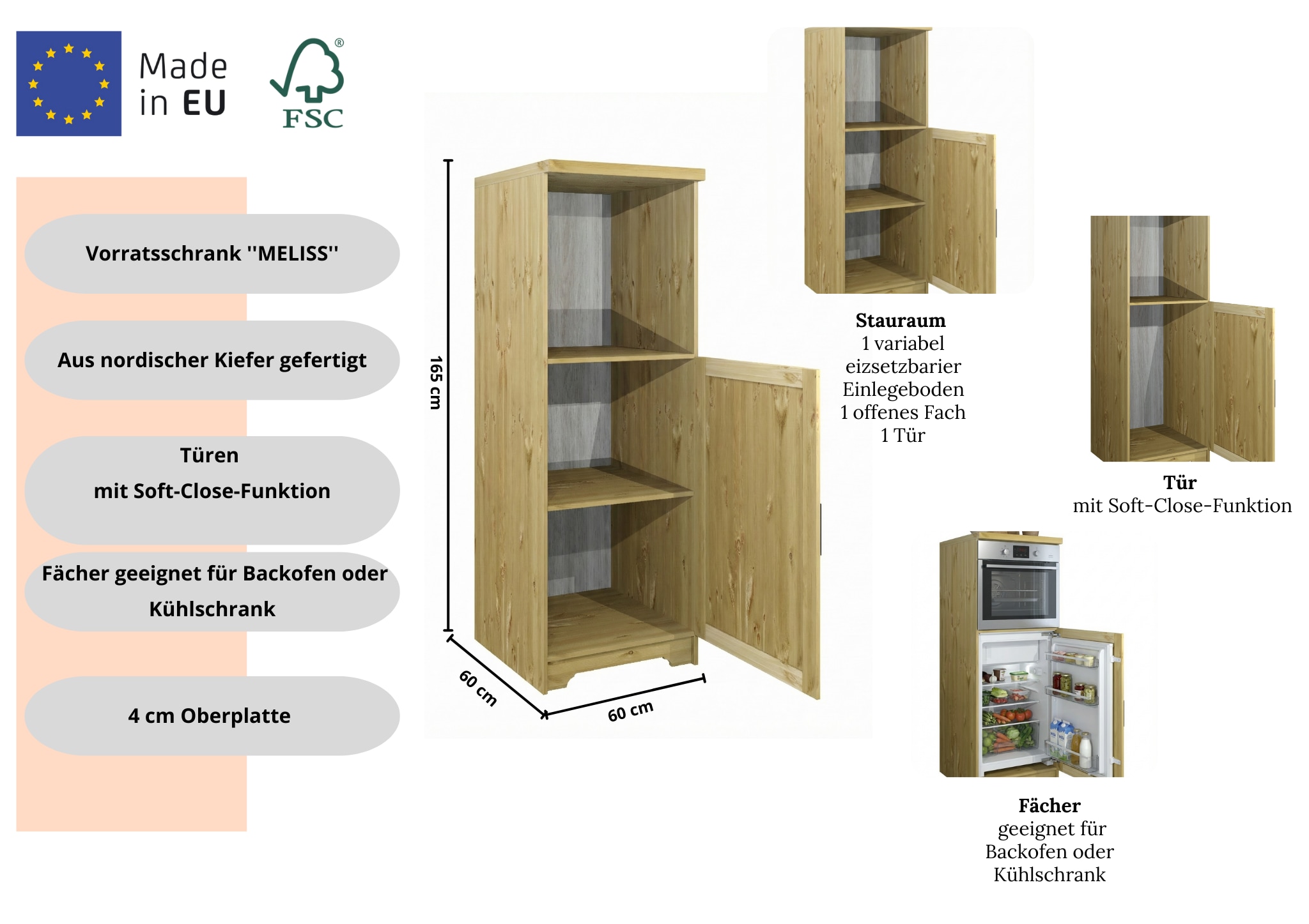 Home affaire Four/réfrigérateur encastrable »Meliss« aus massiver Kiefer, Breite 60 cm, Soft-Close-Funktion