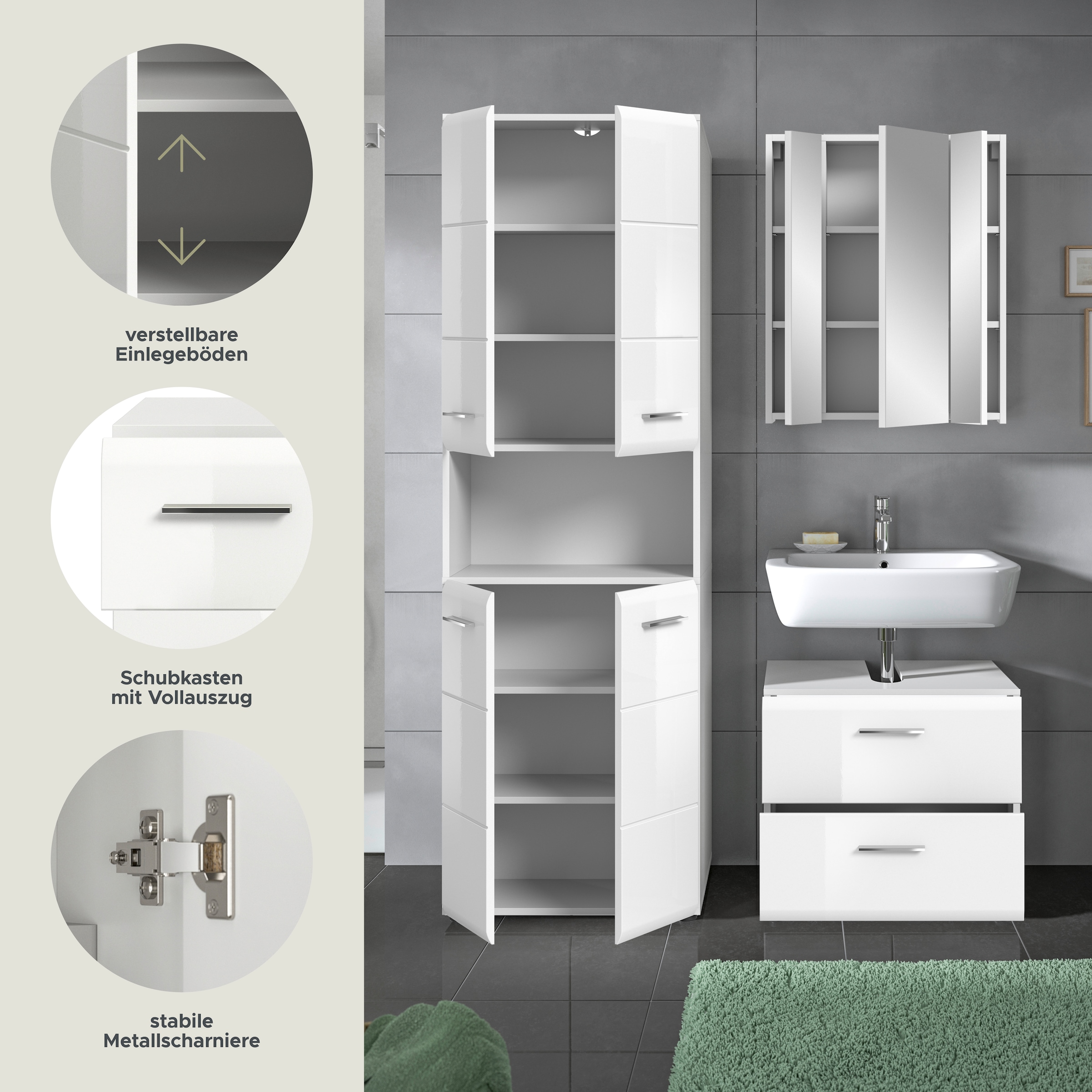 welltime Badmöbel-Set »FLORENZ,  3-teilige Badkombination, hochwertige MDF-Front« Set, best. aus: 1 Hochschrank, 1 Waschbeckenunterschrank, 1 Spiegelschrank, 