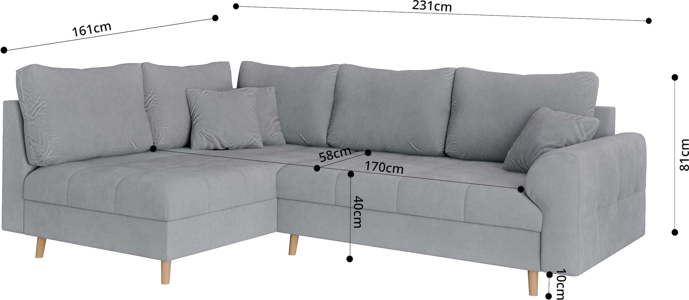 Home affaire Ecksofa »CHARRE L-Form mit Ottomane, Masse B/T/H: 231/161/81 cm« feine Steppung, lose Rücken- und Zierkissen, auch in Cord und Bouclé