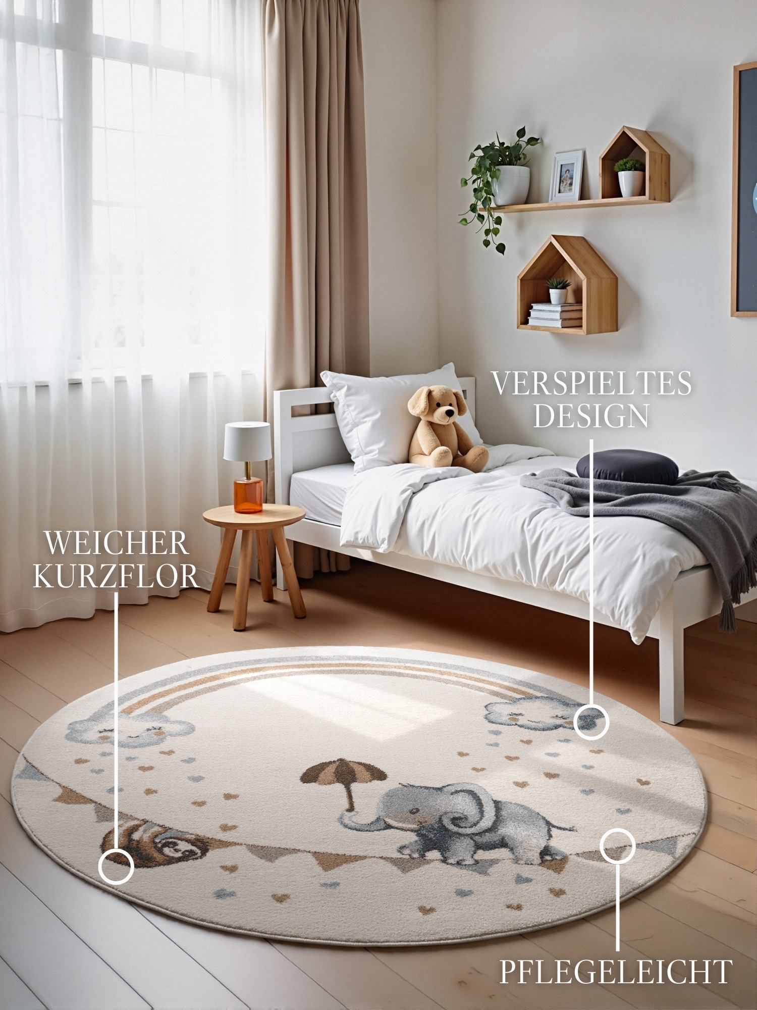 Villeroy & Boch Kinderteppich »Walk like an Elephant Rainbow Teppich« rund 9 mm Höhe Spielteppich weich, Kinderzimmer, Boho Kids Spielunterlage, Tieremotiv