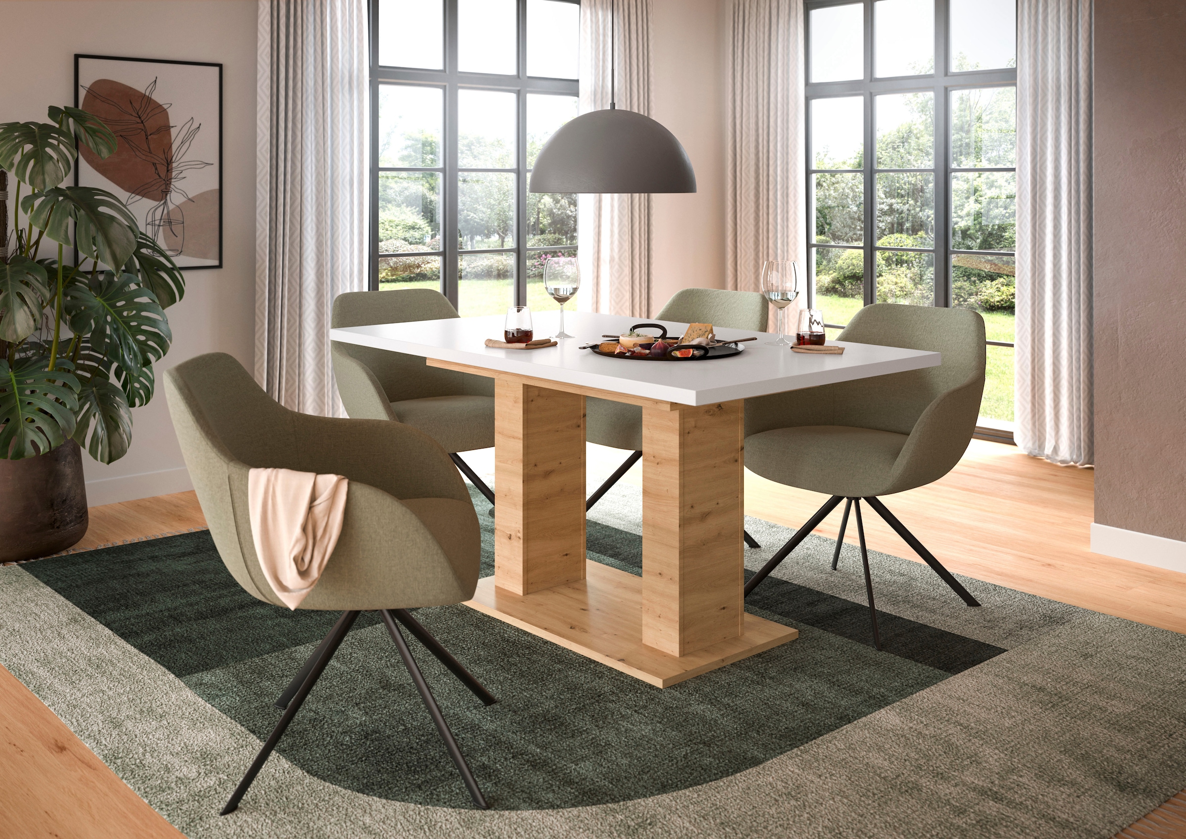Home affaire Esstisch »Motus, ausziehbar 150 -190 cm, inklusive 40 cm Einlegeplatte« Set, 1 Stk. tlg. Doppelsäulengestell mit Bodenplatte, Tisch, Esstisch, Küche