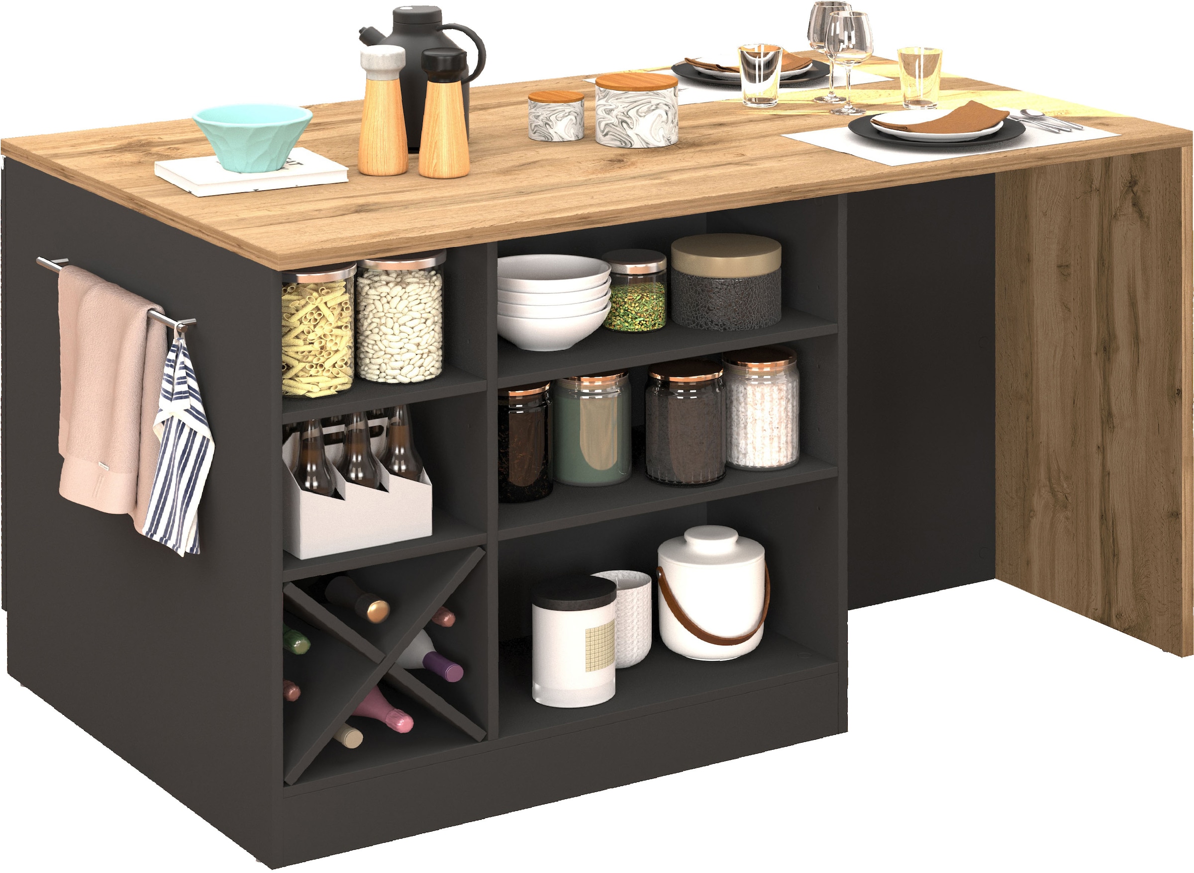 KOCHSTATION Ilot de cuisine »KS-Sole, Kochinsel, Küchenarbeitsblock, Inselküche, Arbeitsinsel« Breite 152,5 cm, mit Essplatz, Handtuchhalter, Fächer und Weinregal