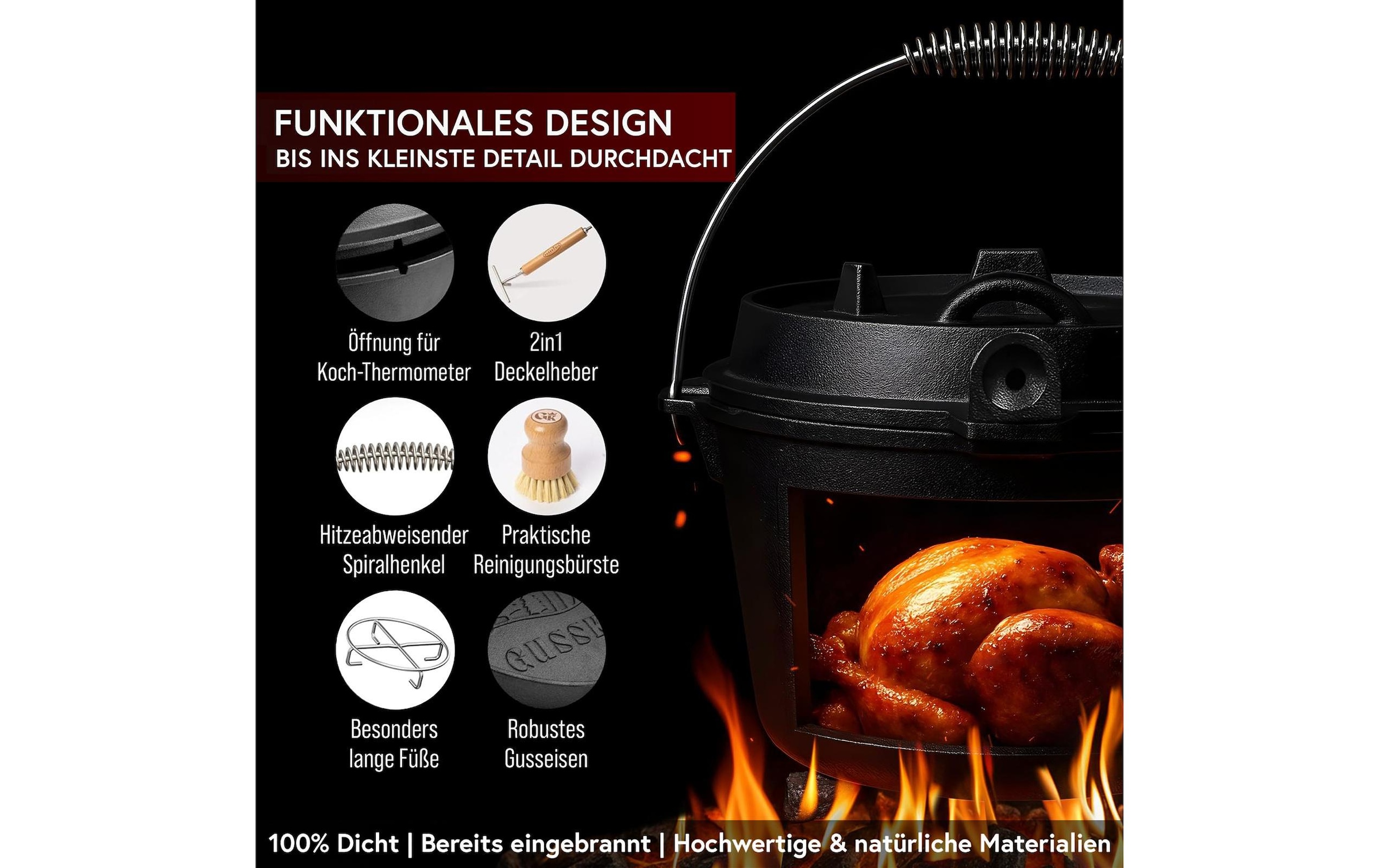  Grilltopf »Gusskoenig Dutch Oven Set 9 l mit Heber, Bürste, Untersetzer« Gusseisen Set mit 2in1 Deckelheber, Reinigungsbürste und Untersetzer