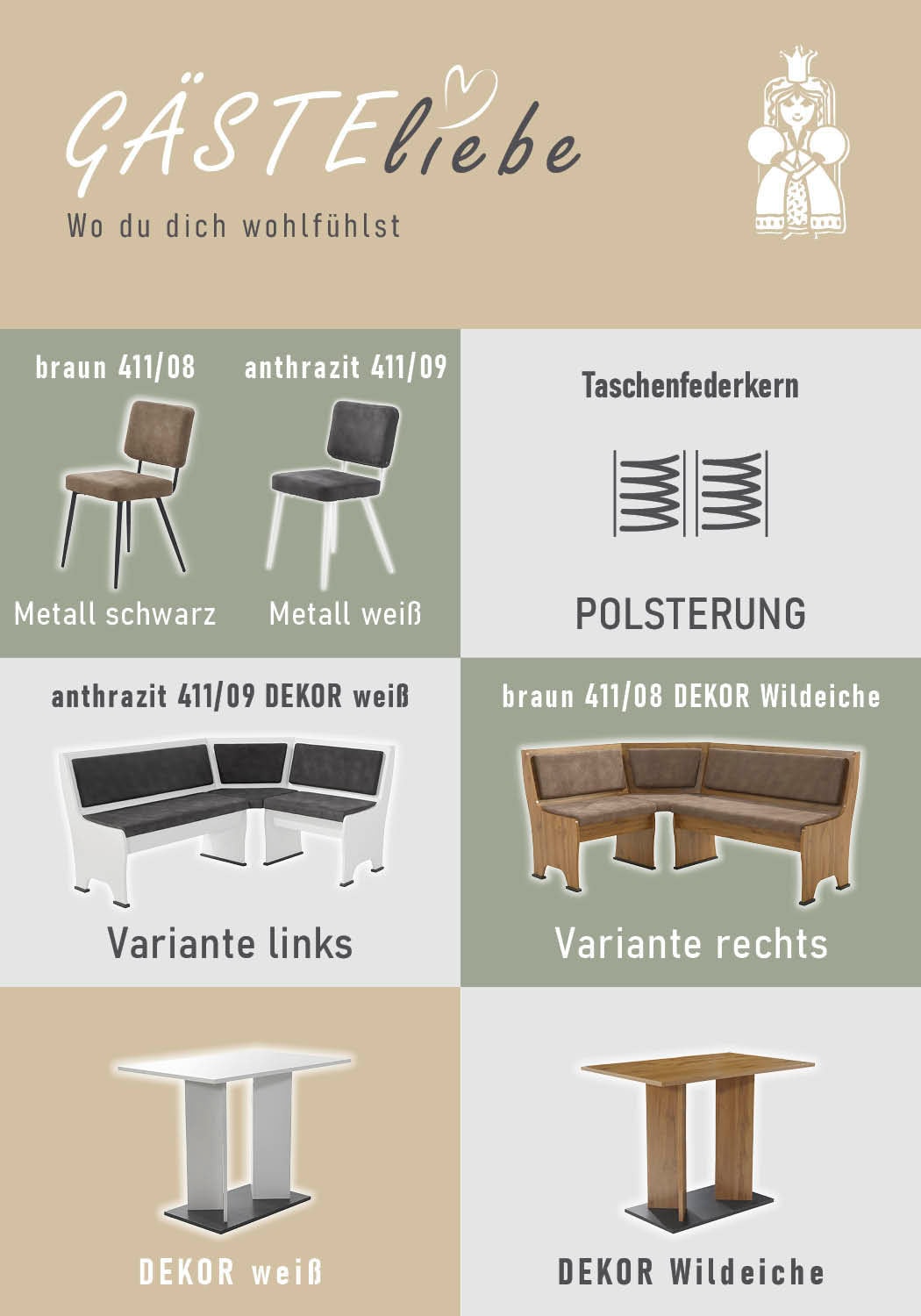GOODproduct Eckbankgruppe »Theo (Set, 4-tlg. Tisch, Bank und 2 Stühle) 2 Farben wählbar« Bank links/rechts montierbar, mit Stauraum, Stühle im 2er Set