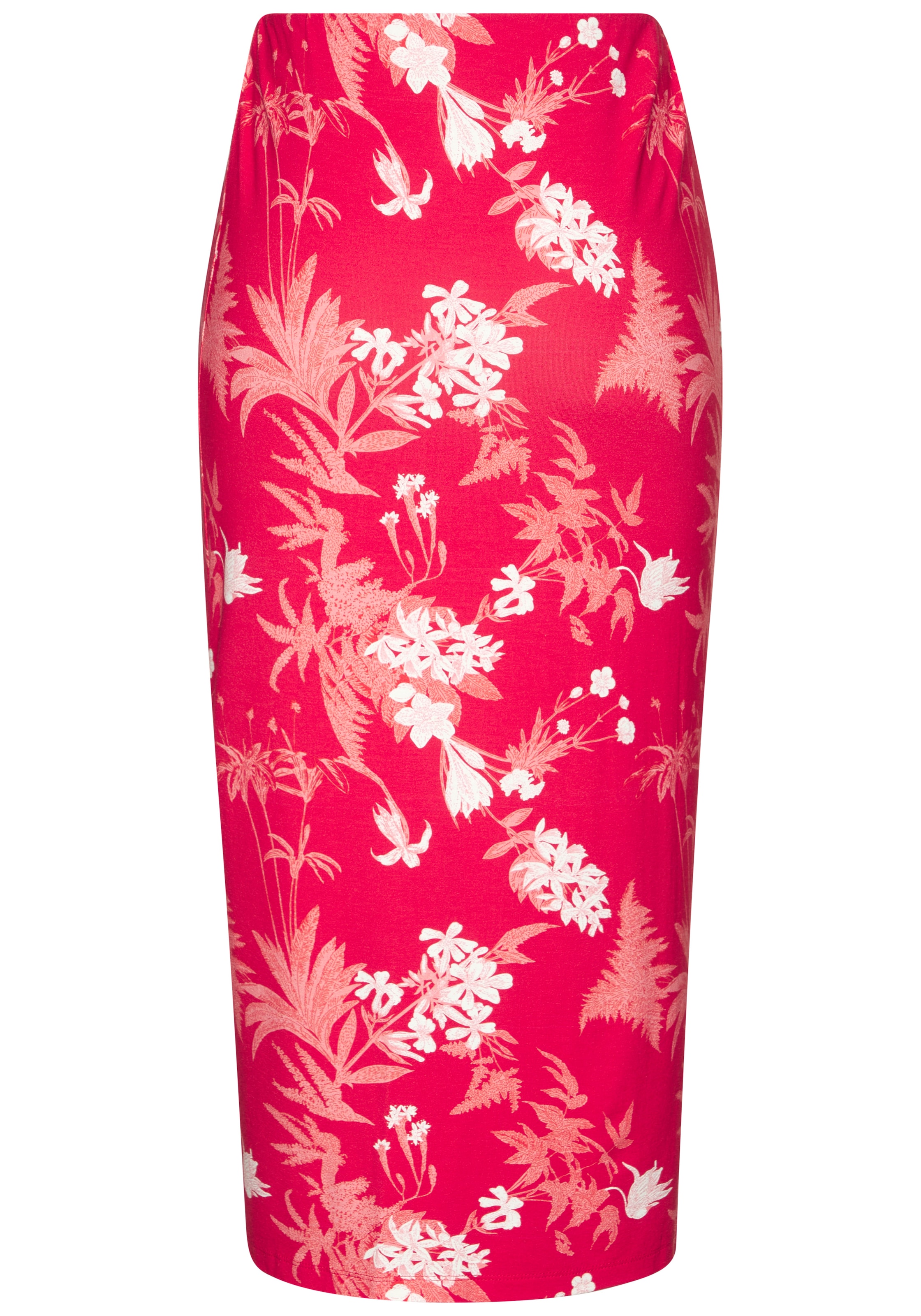 LASCANA Jupe en jersey mit seitlicher Raffung und Schlitz, Midirock mit Blumendruck