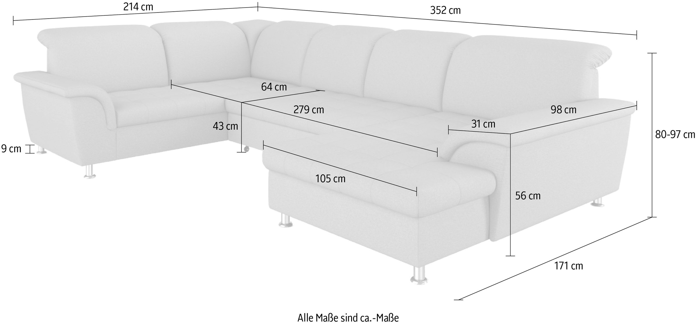 DOMO collection Wohnlandschaft »FRANZI 344x206x81 cm, elegant, komfortabel« U-Form, Recamiere rechts, beige-braun, B/T: 344/206 cm