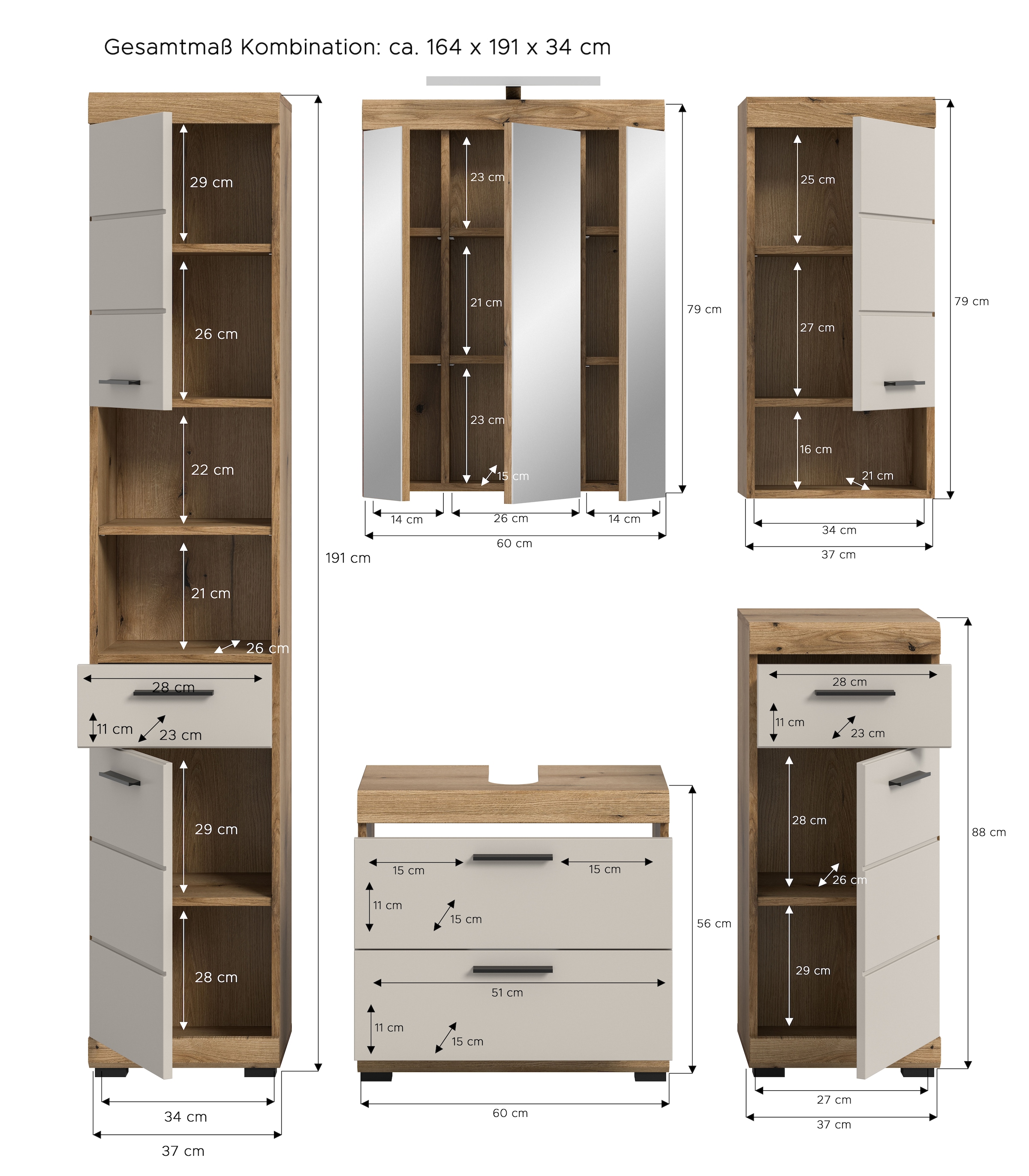 welltime Badmöbel-Set »Siena, 5 teilig, inklusive LED Beleuchtung, bestehend aus:« Set, TOPSELLER!, 