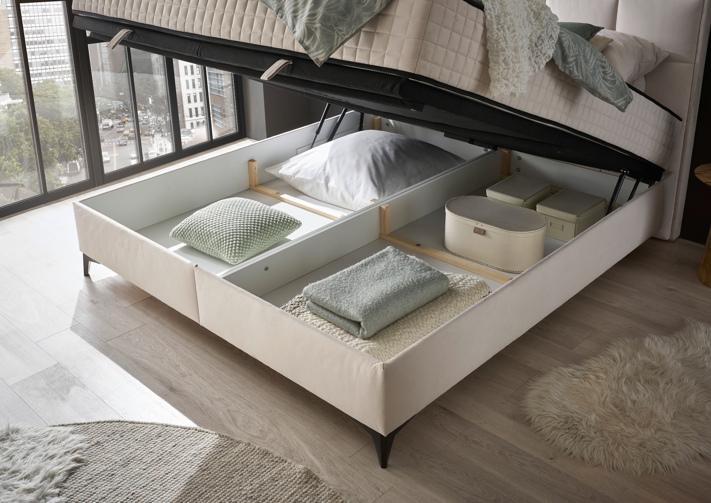 ED EXCITING DESIGN Lit de boxe »Monroe inkl. Bettkasten, erhältlich in den Breiten 160cm & 180cm« matelas duo - côté ferme avec natte de coco
