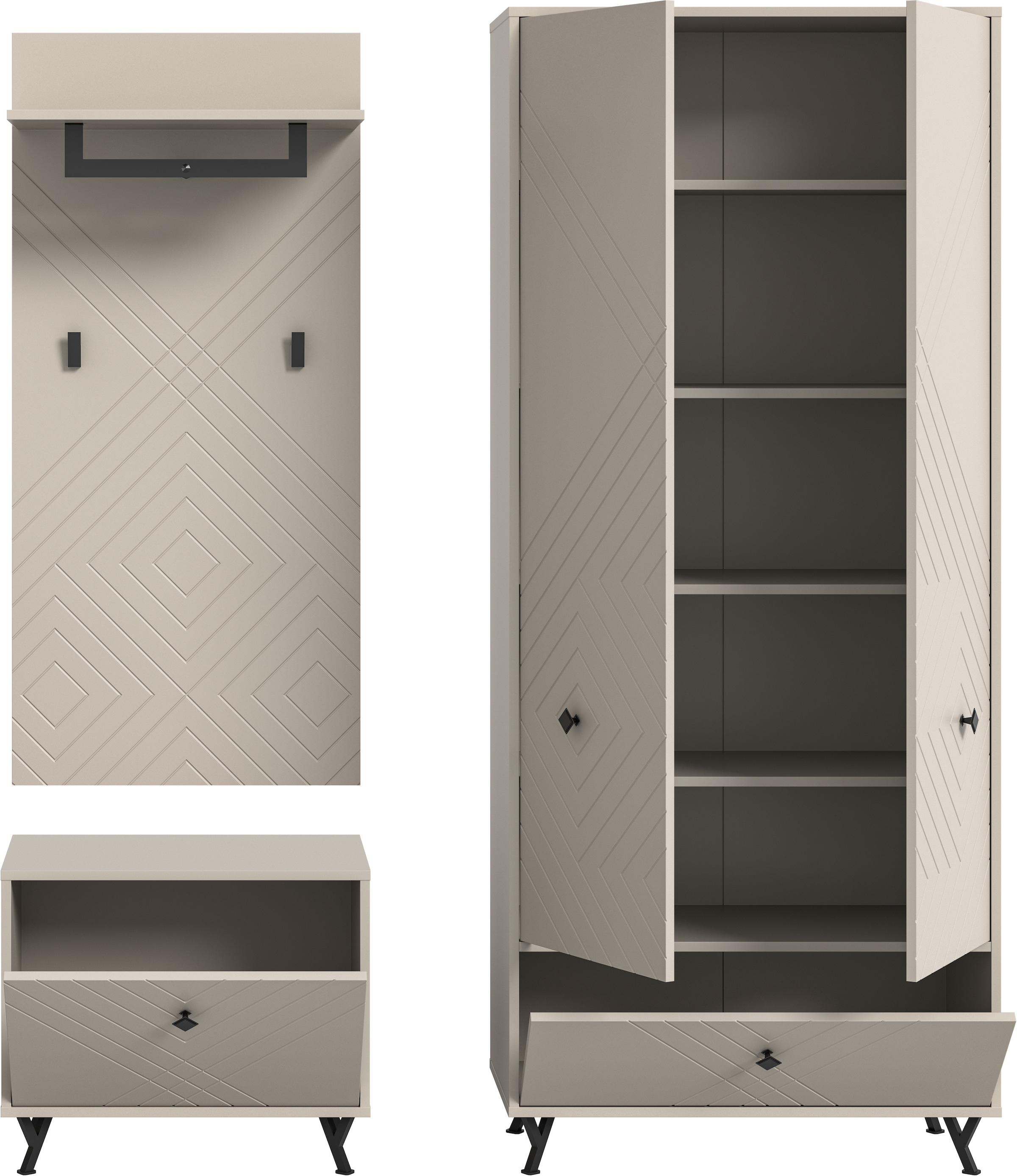 Home affaire Garderoben-Set »Mento, 3-teilig, Ornamentfräsung in der Front, bestehend aus:« Set, 3 Stk. tlg.