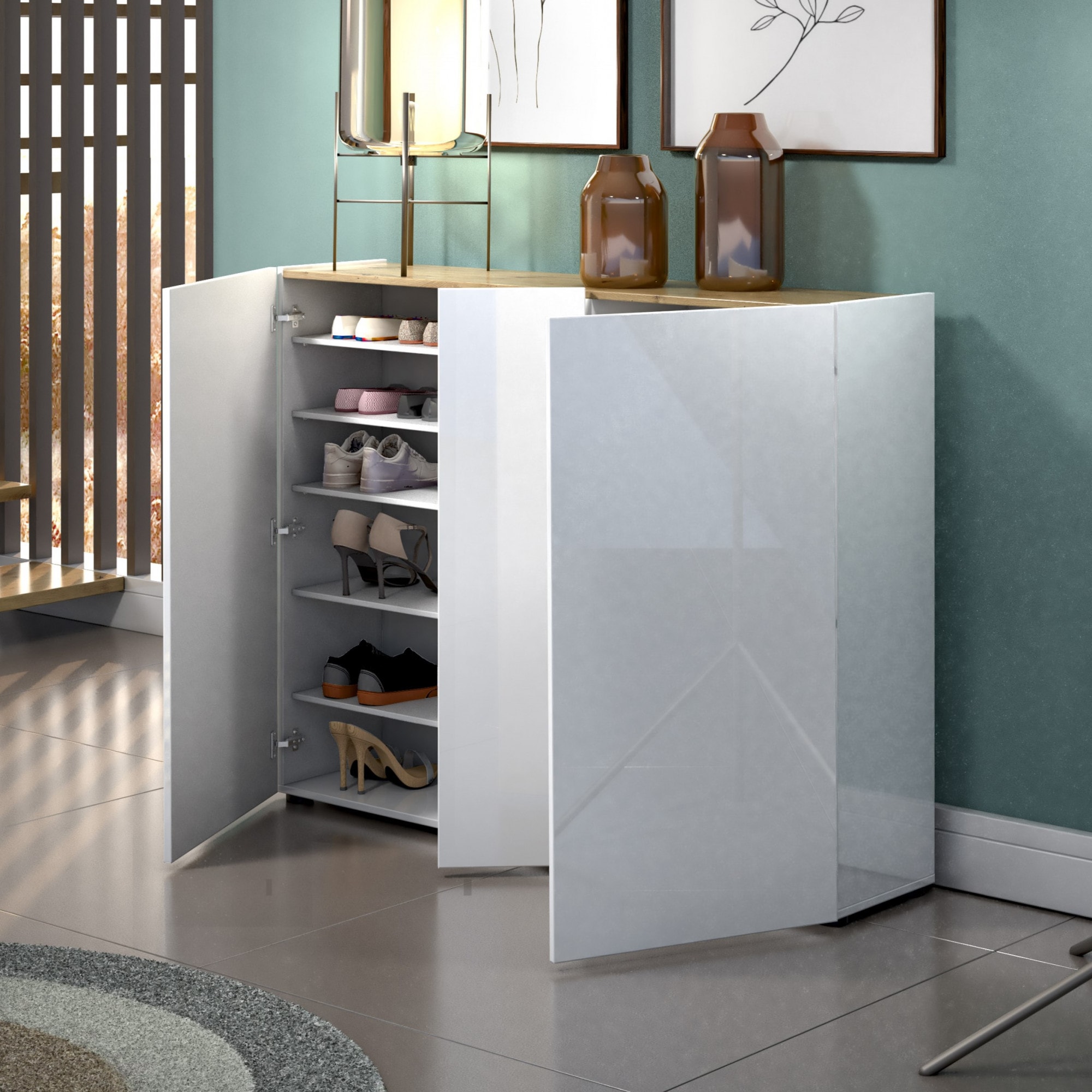 Home affaire Schuhschrank »RUMBA,Schuhkommode,Schuhmöbel,Schuhablage,Schuhregal ca.30 paar Schuhe« 1 Stk. tlg. 3 Türen, 10 Einlegeböden, 12 Fächer, Seiten und Fronten in Hochglanz