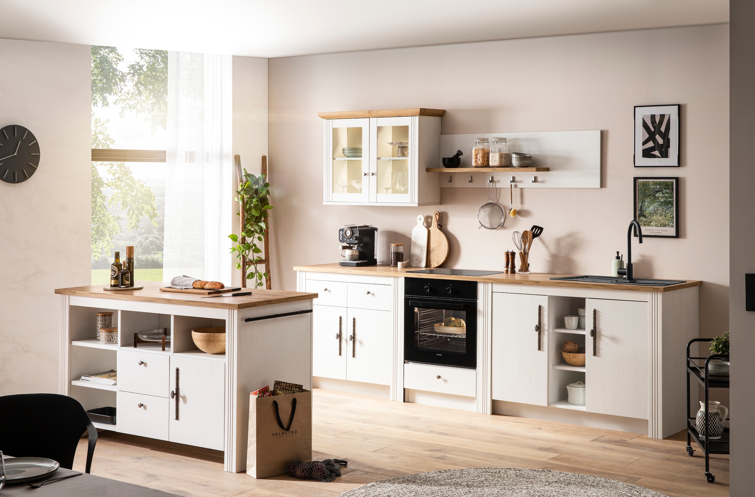 GOODproduct Küchenzeile »KS-Westminster, Pantryküche im Landhaus Stil, hochwertige Metallgriffe« Set,  Breite 294 cm, Kommoden, Wandpaneel, Hängeschrank, Herdumbau