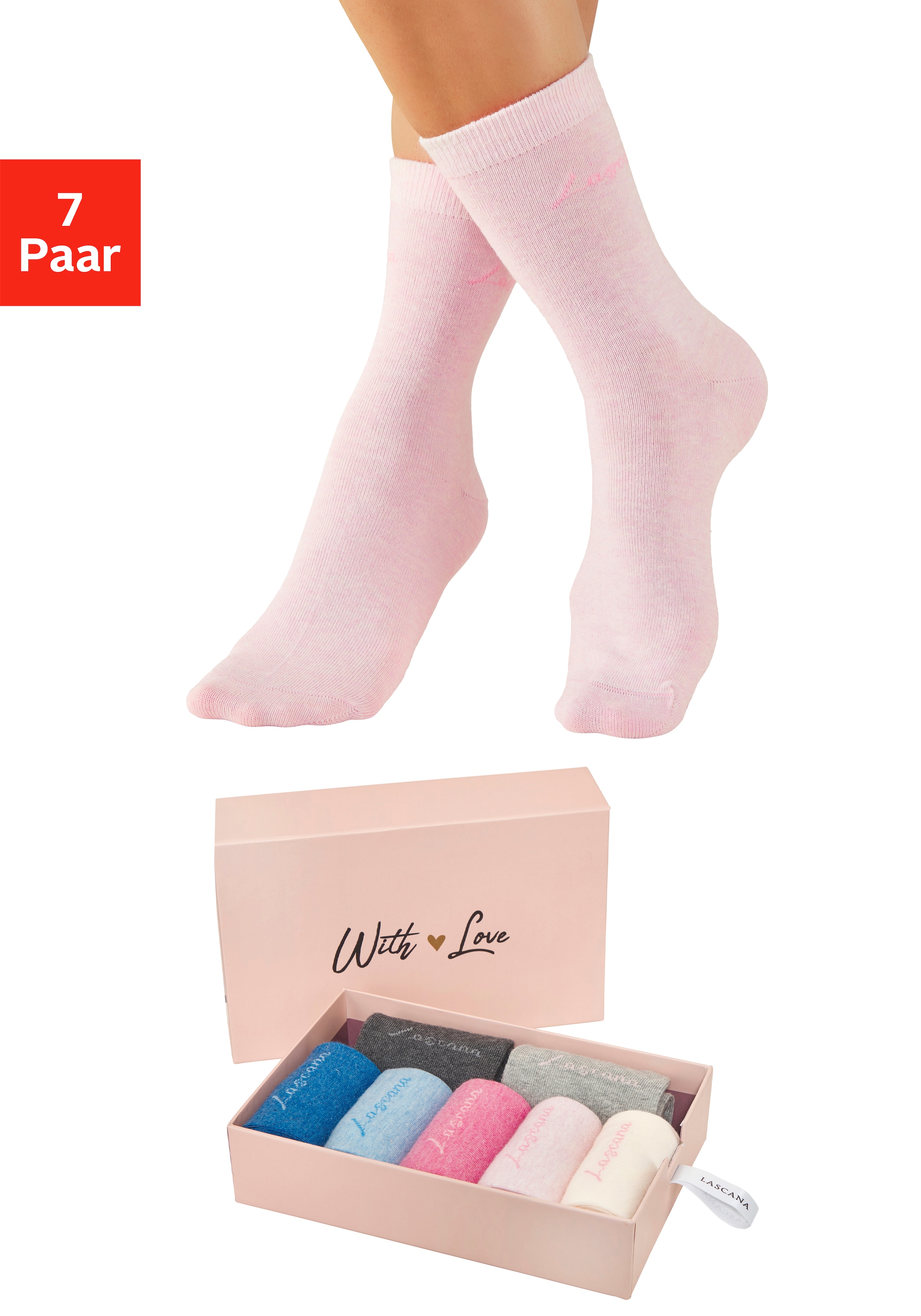 LASCANA Chaussettes basiques »für Damen mit eingestricktem Markenlogo« Boîte, 7 cuis tlg. dans une jolie boîte cadeau