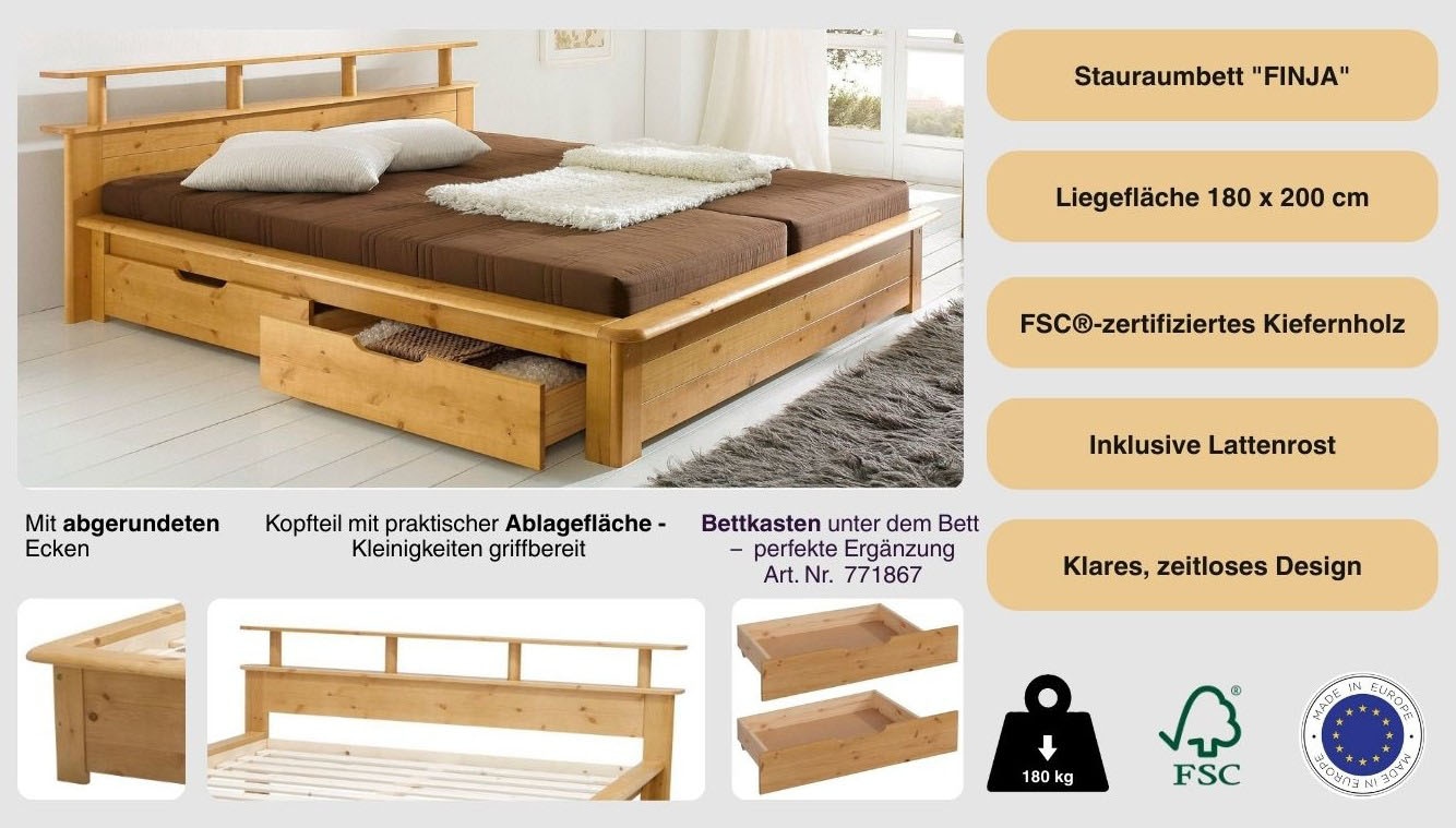 GOODproduct Lit fonctionnel »"FINJA " Kieferbett, Futonbett, Kopfteil mit Ablagefläche« zertifiziertes Massivholz, Schubkästen optional