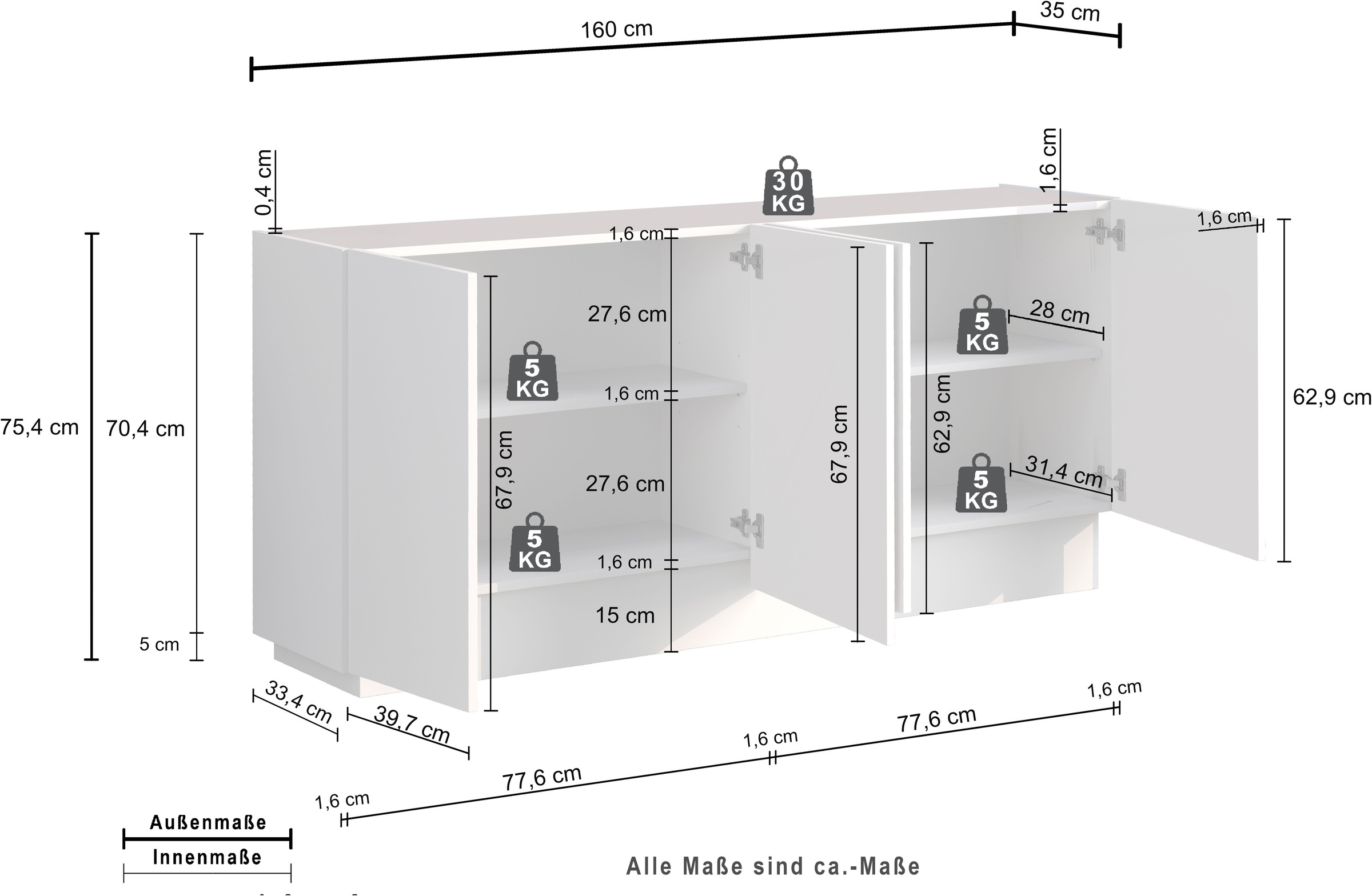 INOSIGN Sideboard »VELA, Sideboard, Breite 160 cm, Design mit schrägen Türen« 1 cuis tlg. Made in Italy, Masse-B/T/H: 160x35x75,Sideboard, Anrichte, Kommode