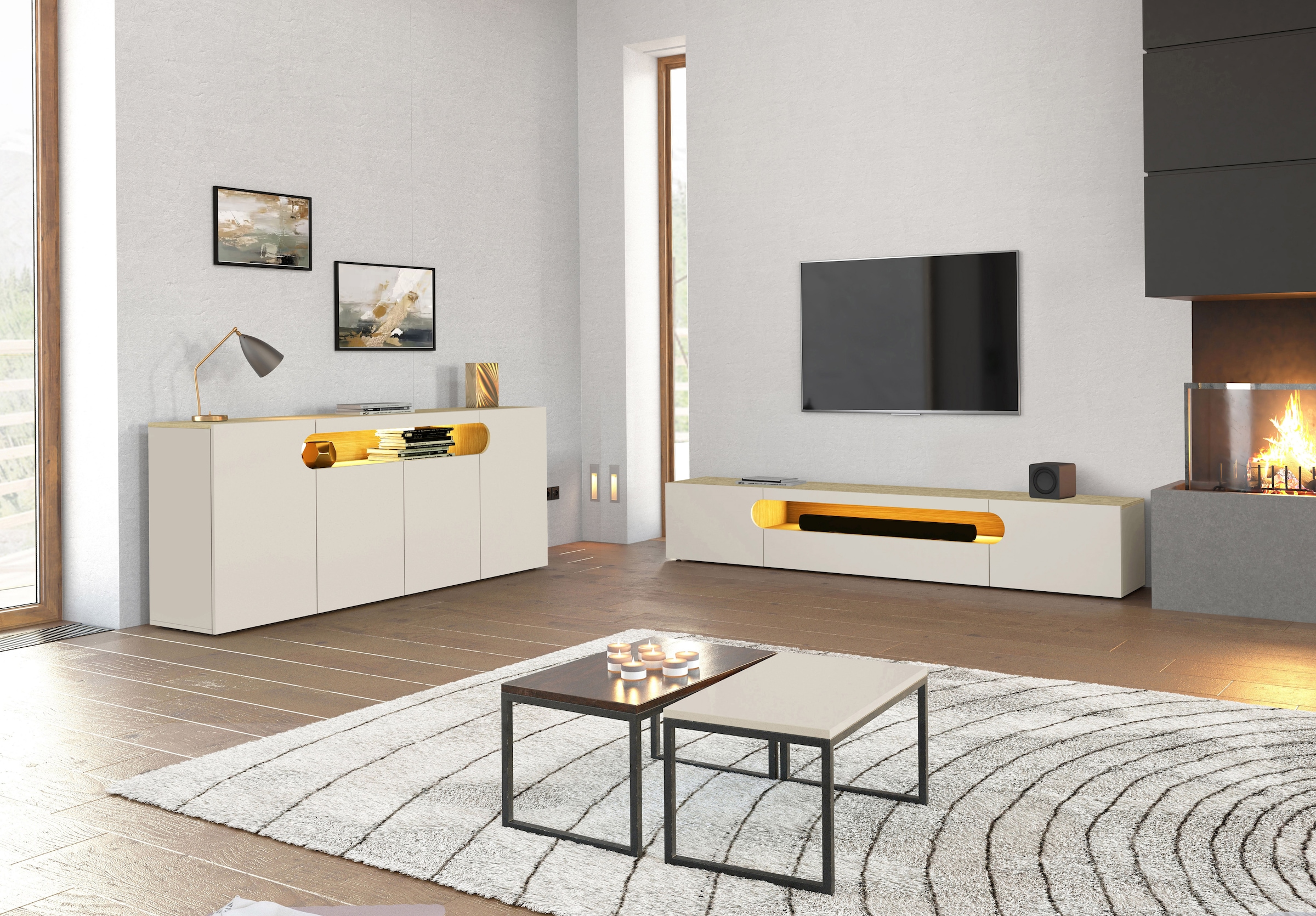 INOSIGN Table basse »REAL TV-Möbel, 240 cm breit, 40/60 cm hoch, Hochglanz oder matt« mit 2 abgerundeten Türen, 1 Klappe, die ein ovales offenes Fach bilden