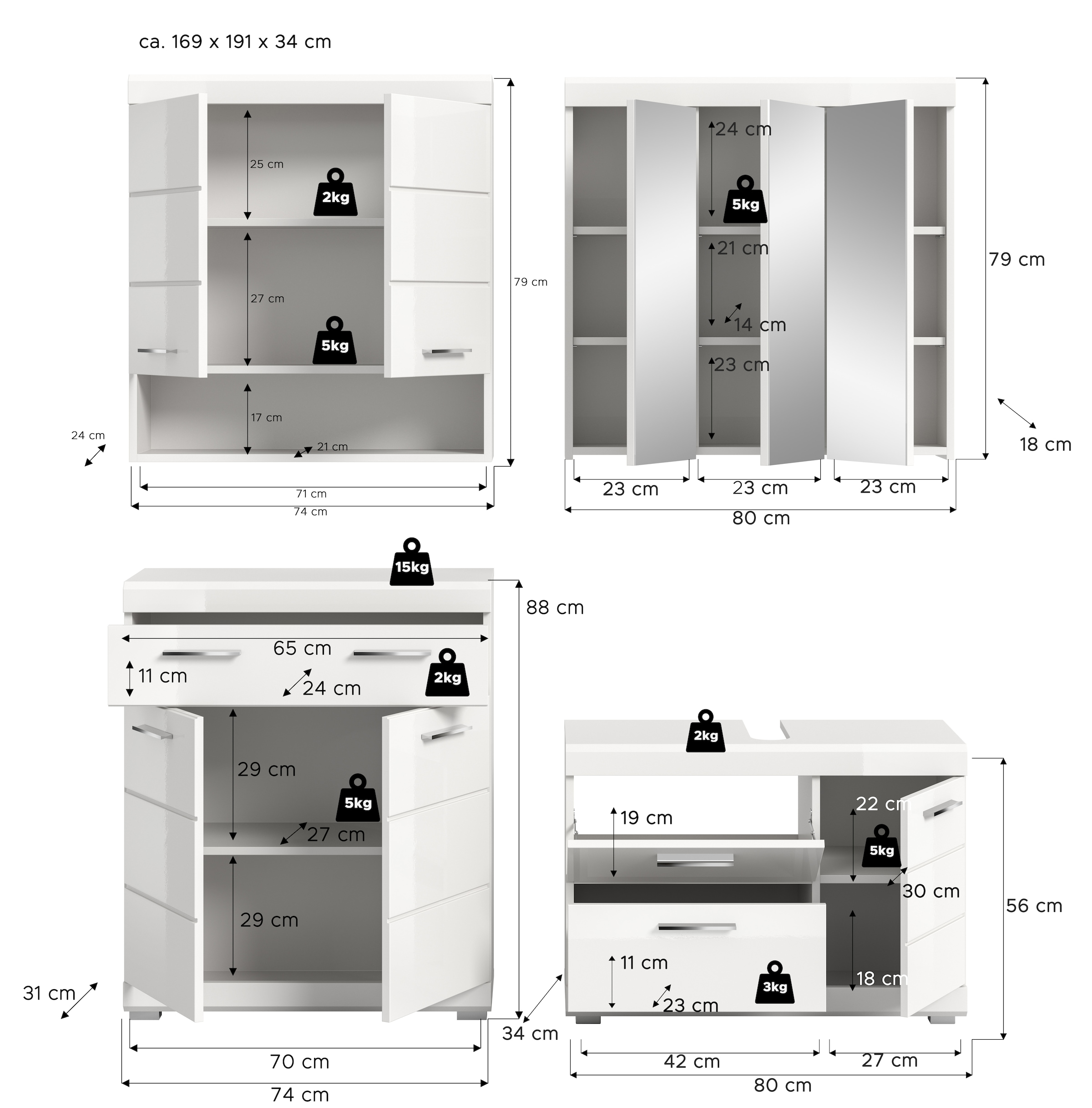 welltime Badmöbel-Set »SIENA, 4-tlg., WBU, Spiegelschrank, Hänge- & Unterschrank, MDF-Front«