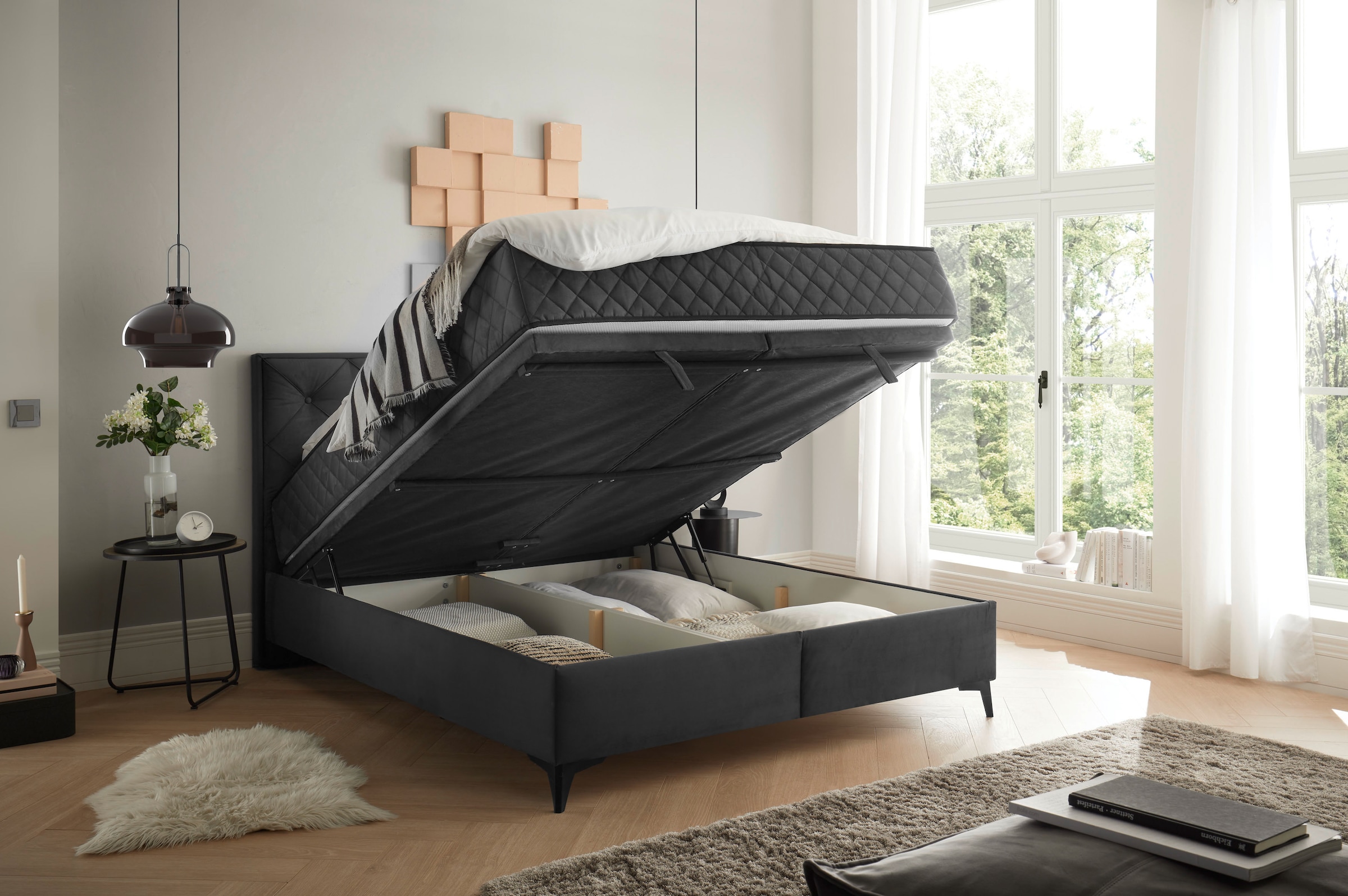 ED EXCITING DESIGN Lit de boxe »Monroe inkl. Bettkasten, erhältlich in den Breiten 160cm & 180cm« matelas duo - côté ferme avec natte de coco
