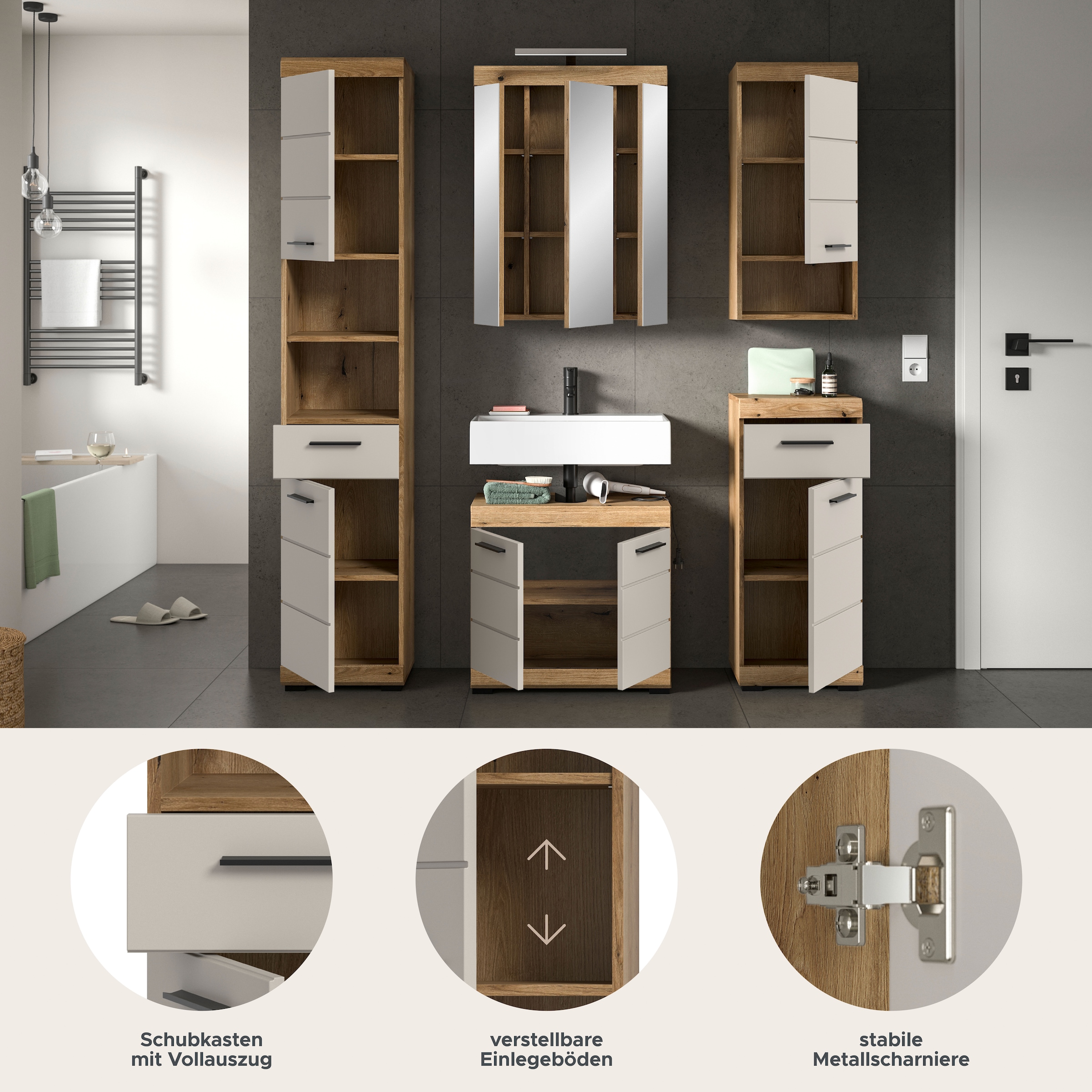 welltime Badmöbel-Set »Siena, 5 teilig, inklusive LED Beleuchtung, bestehend aus:« Set, TOPSELLER!, 5 Stk. tlg.