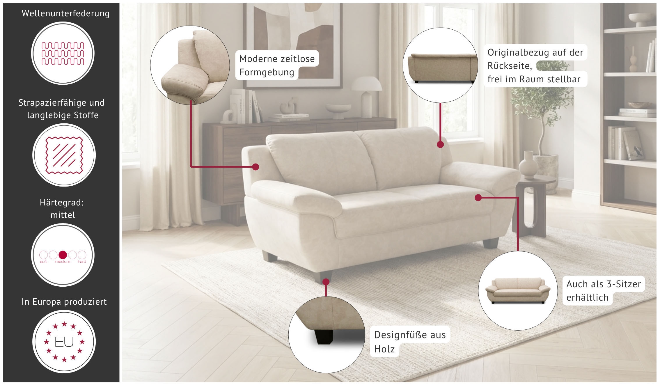 GOODproduct 2-Sitzer »Silkeborg 161 cm, formschönes Sofa mit dunklen Füssen« aus pflegeleichtem, weichem Luxus-Microfaser