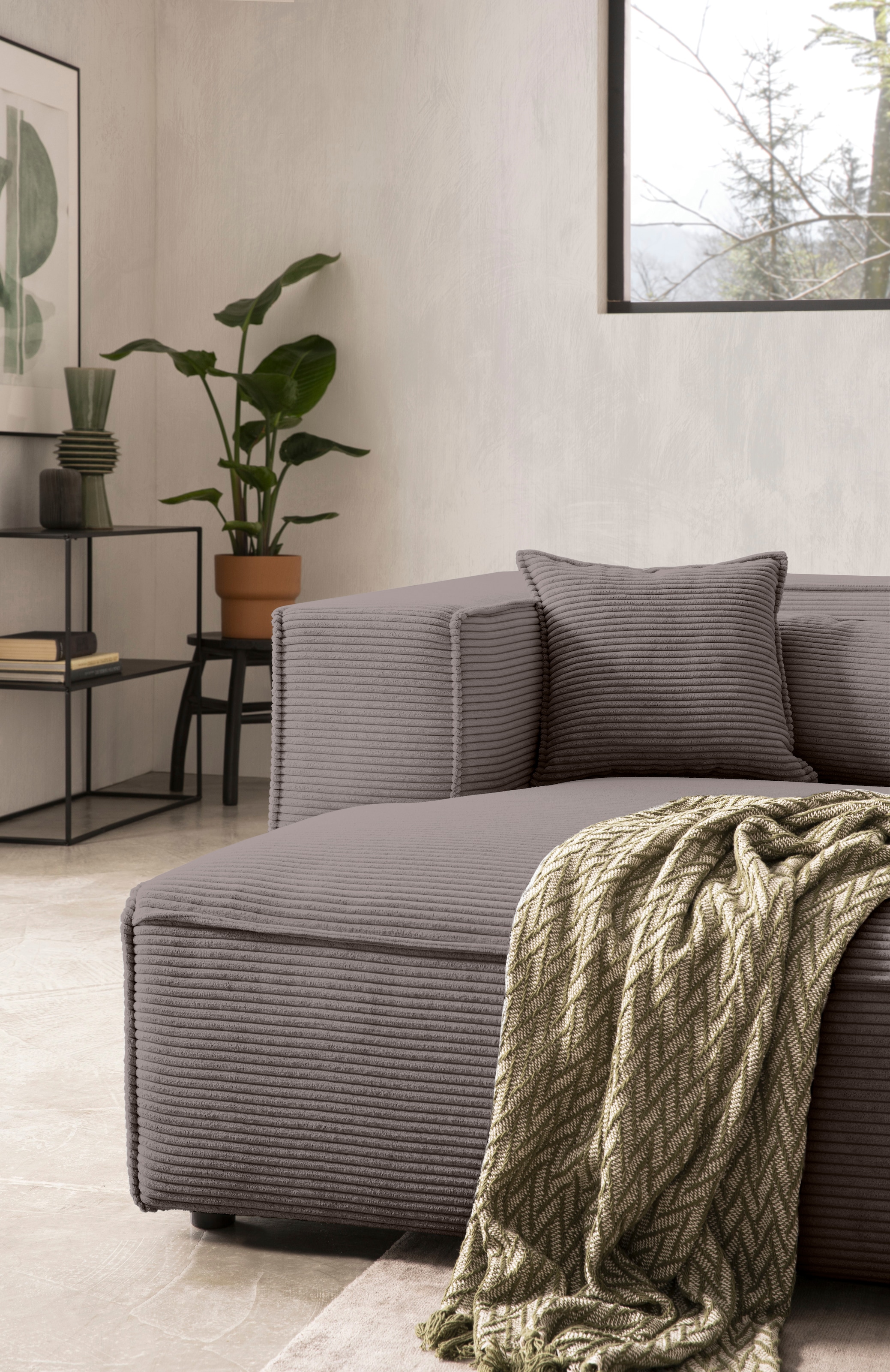 LeGer Home by Lena Gercke Canapé d'angle »PIARA mit Kedernaht, Cord, Leinenoptik o. Strukturstoff, Couch, L-Form« ottomane à droite/gauche au choix, pieds noirs, confort d'assise agréable