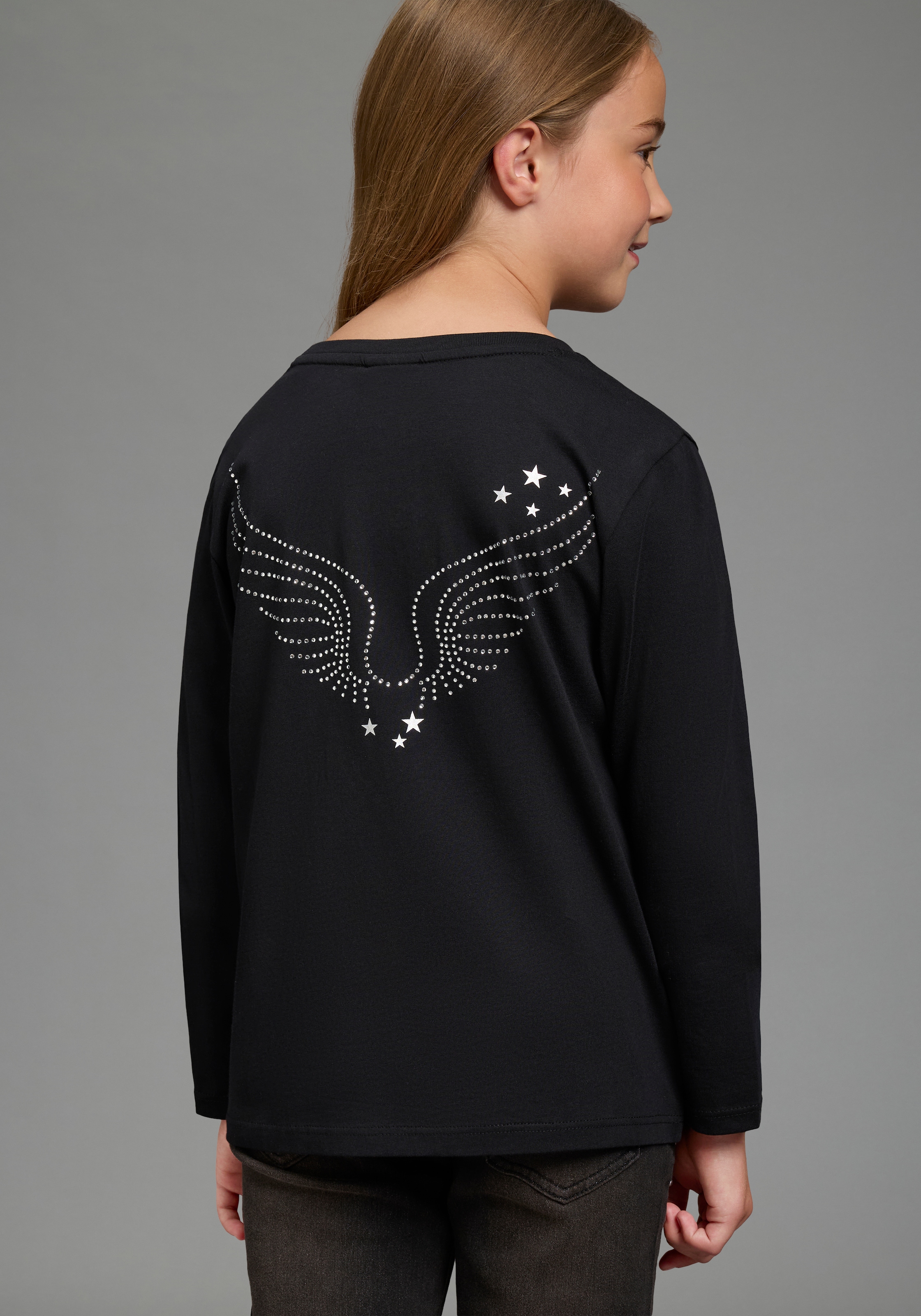 Bruno Banani T-shirt à manches longues »Shirt mit Strass-Stein Applikation« manches longues, coupe basique longueur hanches, pour quotidien et streetwear