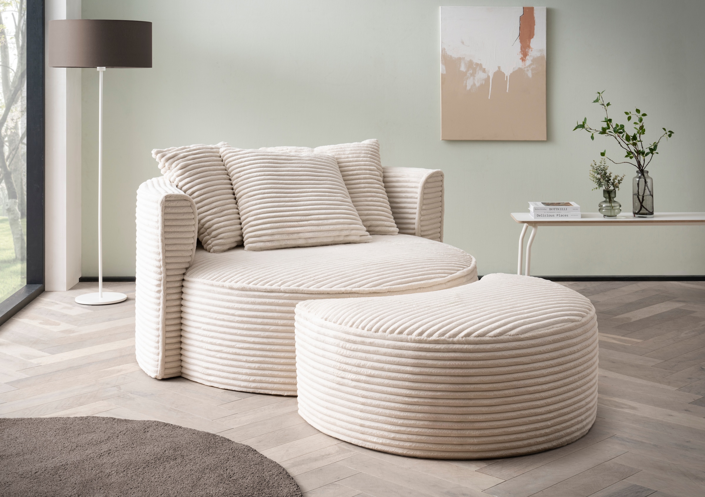 LeGer Home by Lena Gercke Fauteuil XXL »ISALIE Cord, Rundsessel mit Hocker, Lesesessel, Loveseat, Big-Sessel« Ensemble,  tissus d'ameublement tendance, 3 coussins décoratifs, grande surface d'assise
