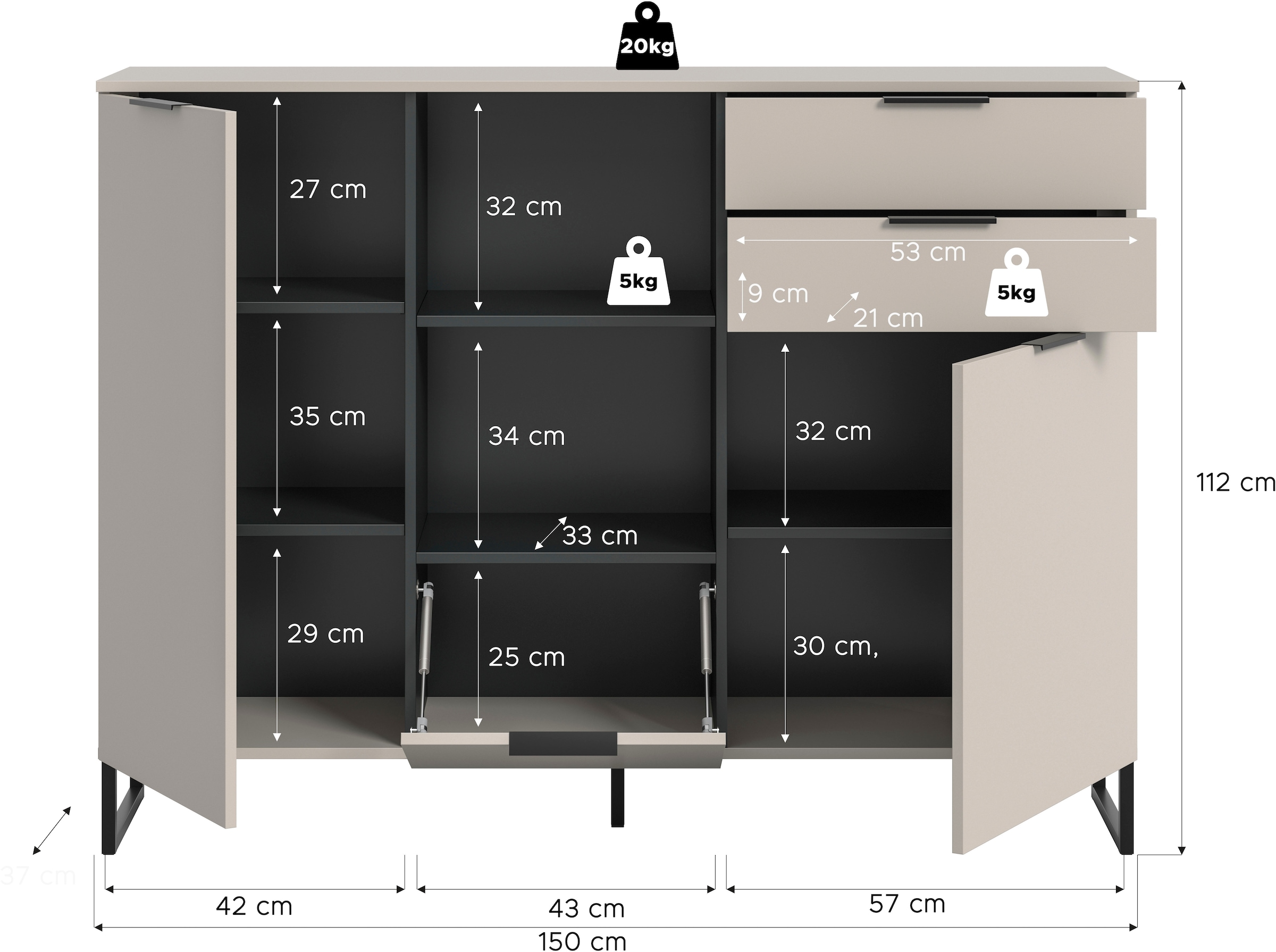 Home affaire Buffet haut »ADIO, Breite 150cm, 2 Türen, 1 Klappe, 2 Schubkästen, mit Metall-Kufen« 1 cuis tlg. Sideboard, Kommode, Lowboard, Schrank, Wohnzimmerschrank, Anrichte