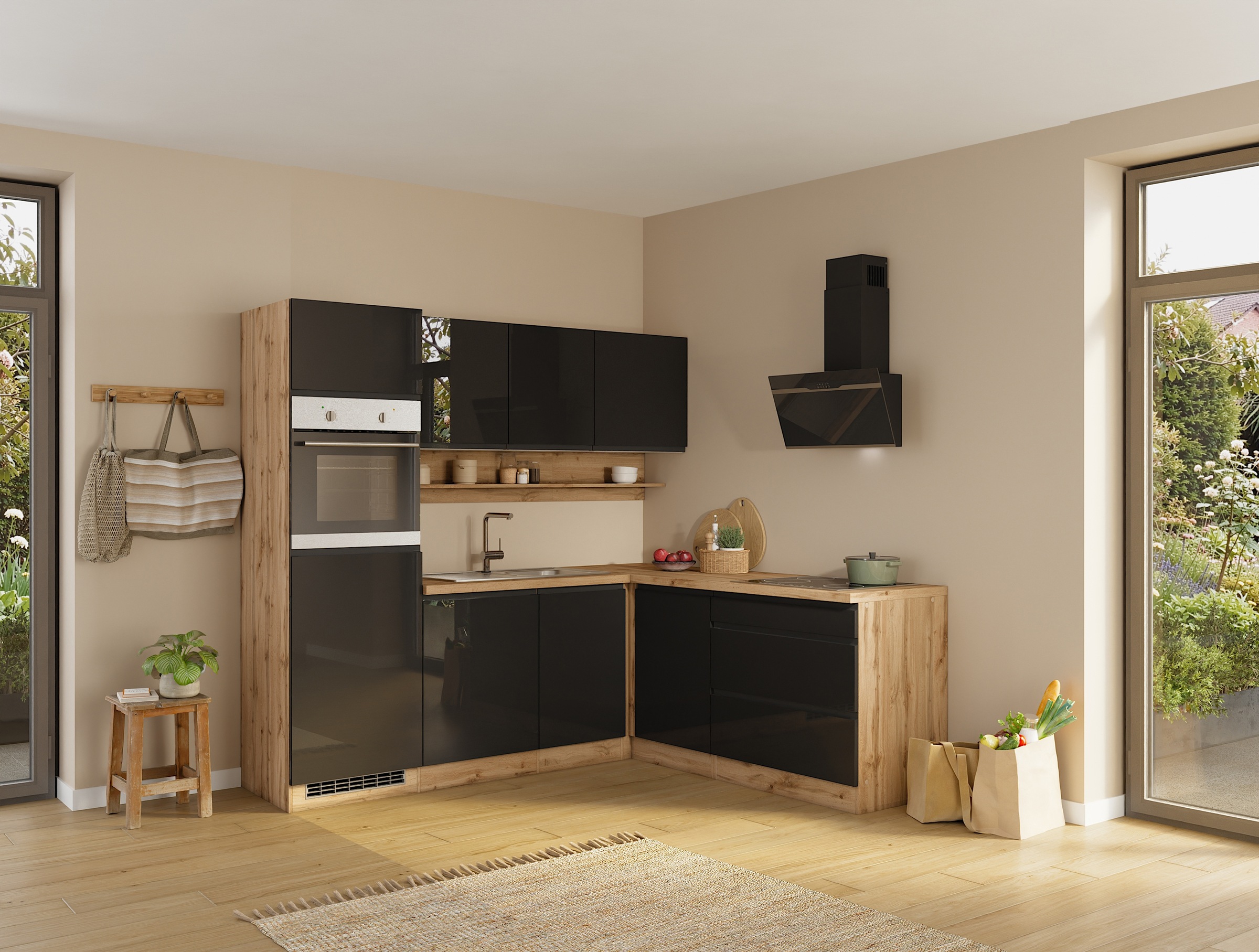 KOCHSTATION Cuisine d'angle »KS-Virginia,neu in verbesserter Ausführung« plan de travail épaisseur 38 mm, rangement, fermeture douce,  largeur réglable 230/190 cm, fermeture douce, avec appareils électriques en option