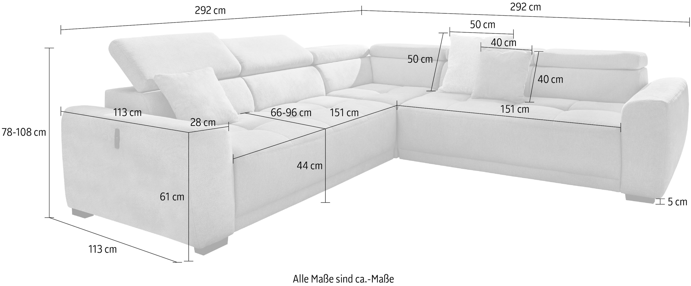 Jockenhöfer Gruppe Wohnlandschaft »Monza L-Form, B: 292x292 cm, mit 30 cm elektr. Sitztiefenverstellung« 140kg Belastbarkeit je Sitz, Kopfteilverstellung & USB-Anschluss