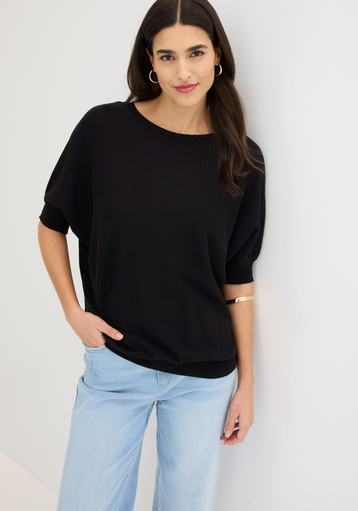 bonprix Pull en tricot aus Baumwoll-Mix, mit Rundhalsausschnitt, bequeme Passform