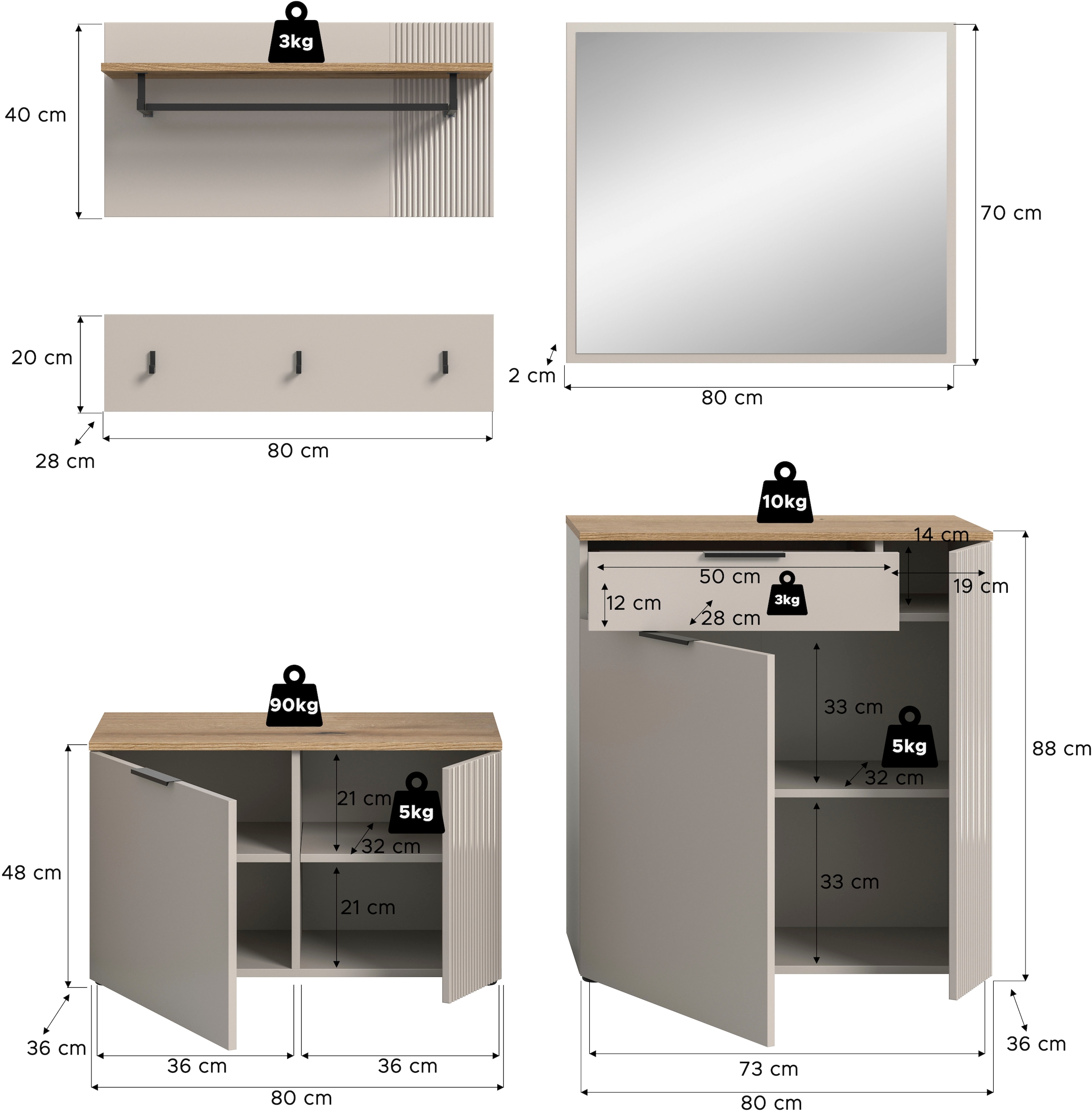 Home affaire Garderoben-Set »EDIL, Breite 175 cm, 5-teilig, Front mit hochwertiger Längstfräsung« Set, best. aus: Sitzbank, Paneel, Hakenleiste, Kommode & Spiegel, 4 Stk. tlg.