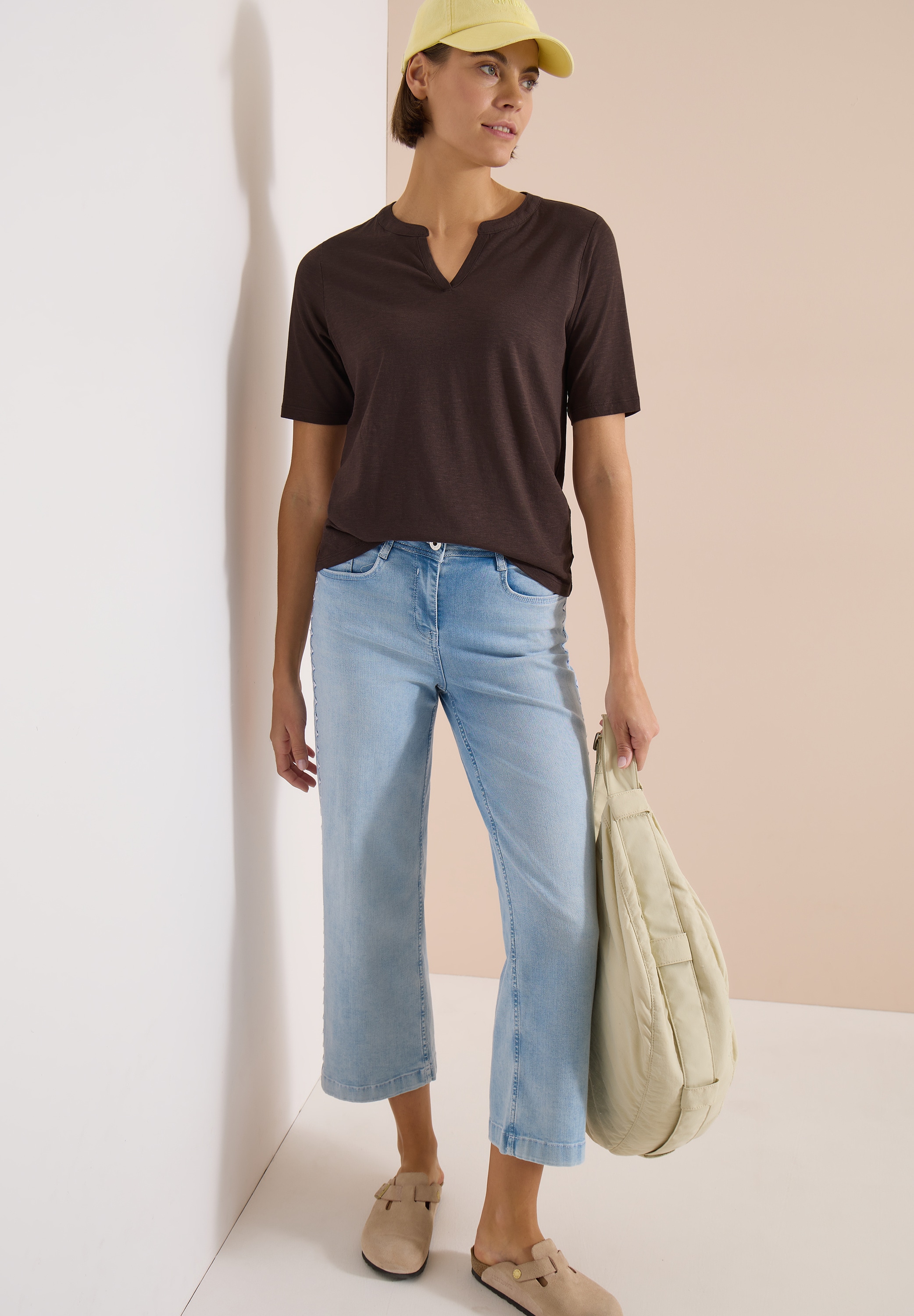 Cecil Kurzarmshirt Sommershirt mit Split Neck in Unifarbe