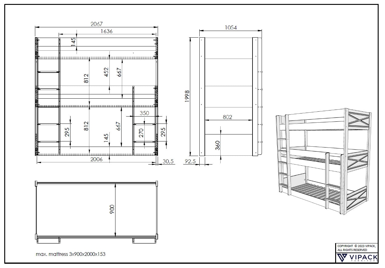Vipack Lit superposé Fabriqué en Europe,  avec 3 lits simples de 90x200 cm et sommier à lattes, construction stable, pin massif blanc