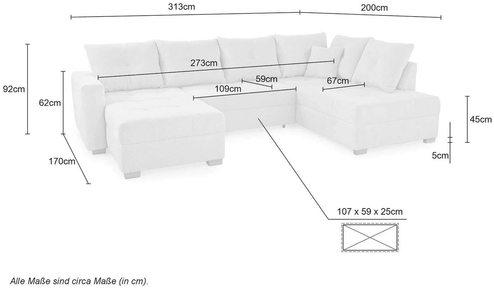 Jockenhöfer Gruppe Wohnlandschaft »Abby U-Form, B: 313 cm, inkl. Schlaffunktion« inkl Bettkasten,  grosse Liegefläche 273x147cm, Massivholz Füsse