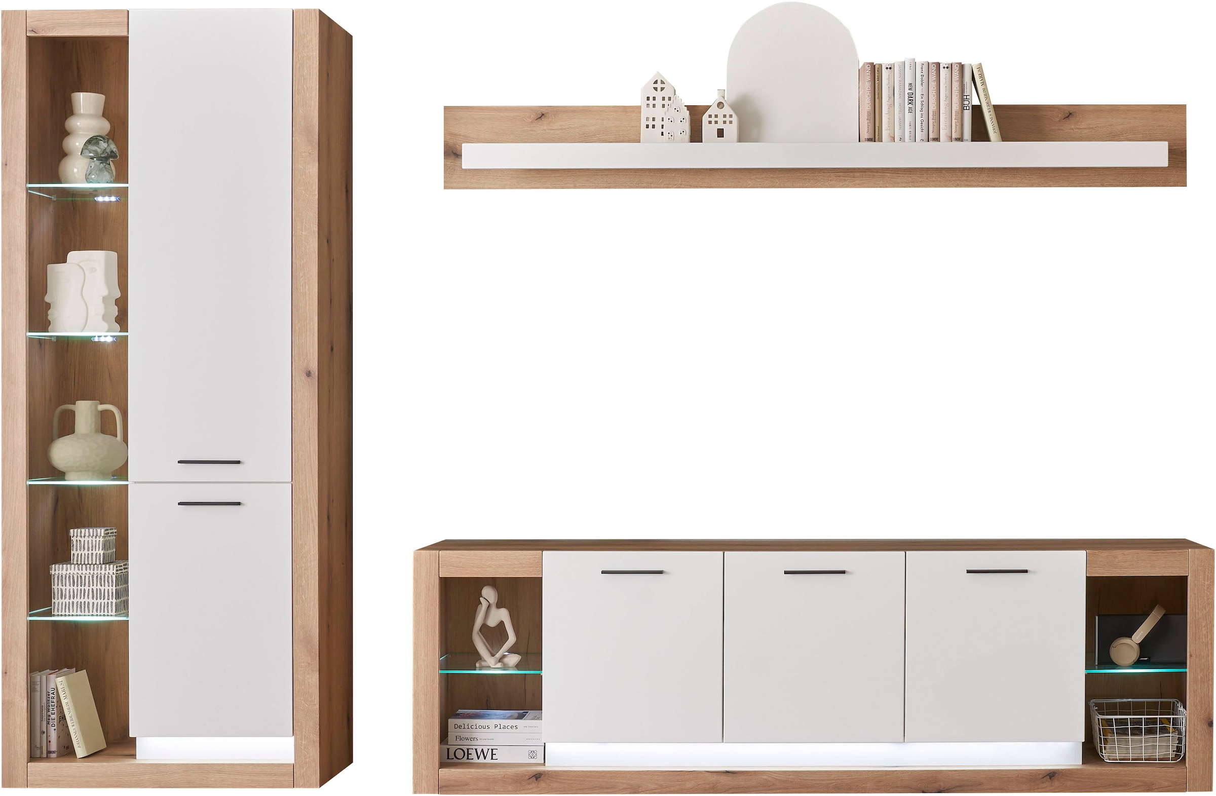 Home affaire Meuble mural »Brixen, moderne Anbauwand, Wohnzimmer-Set, Eiche Evoke Dekor mit Weiss« Set, 3 cuis tlg.