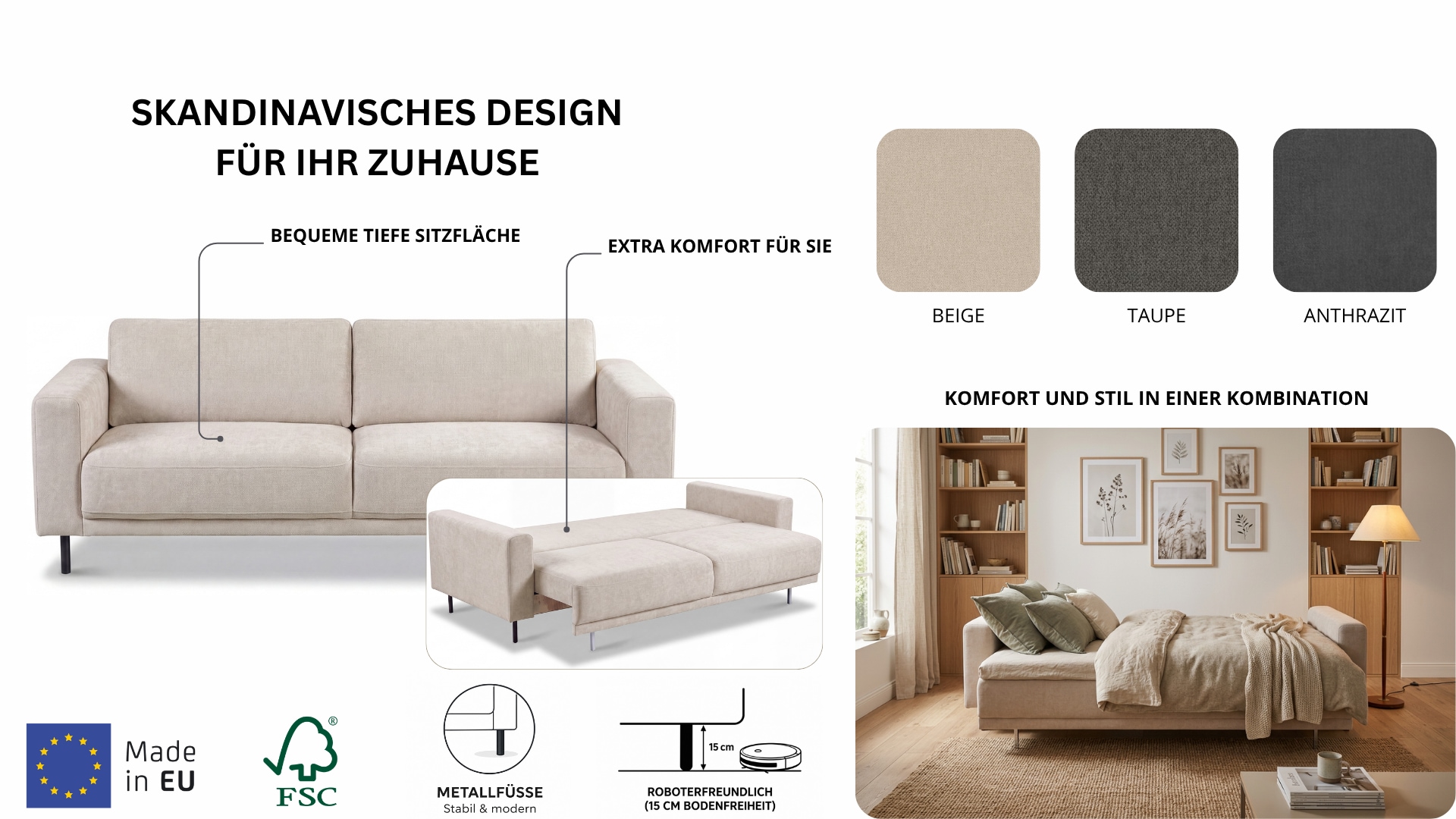 GOODproduct Schlafsofa »Sveeva, 3 Sitzer, Liegefläche 135x190 cm, schwarze Metallfüsse« langlebiger Strukturstoff, mit Wellenunterfederung, viele Farben