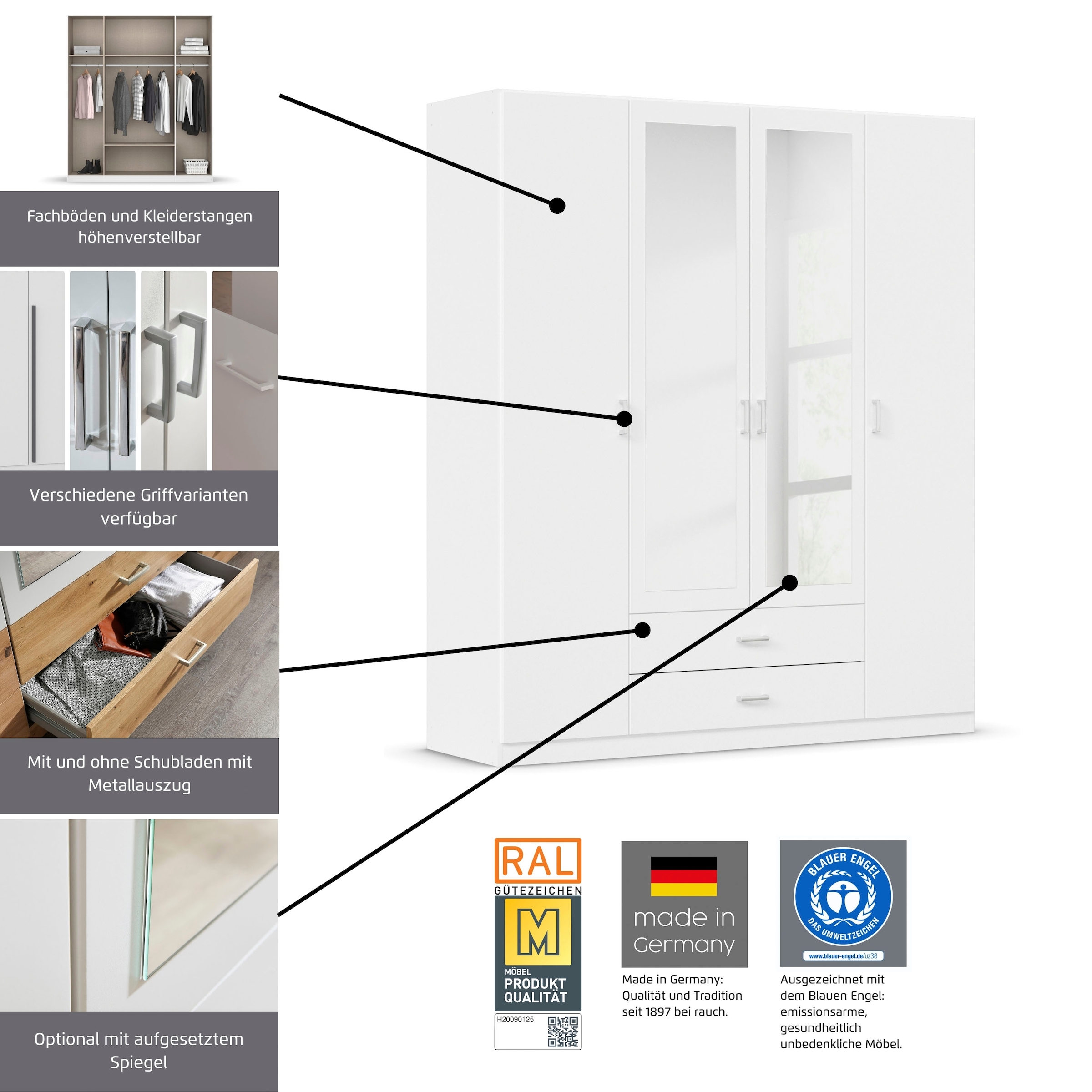 rauch Kleiderschrank »Schrank Garderobe Ankleide GAMMA Breiten 91/136/181/226/271/315/360 cm« in 3 Ausstattungen BASIC/CLASSIC/PREMIUM (inkl. SOFT-CLOSE-Funktion),  verschiedene Griff-Varianten, mit Spiegel TOPSELLER MADE IN GERMANY