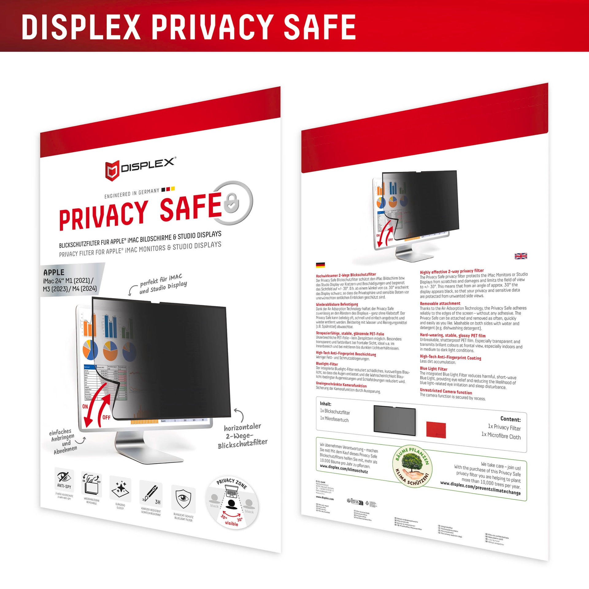Displex Film de protection d'écran »Privacy Safe Blickschutzfilter« für Apple iMac 24 M1;Apple iMac 24 M3;Apple iMac 24 M4 Blickschutzfolie, Schutzfolie, Bildschirmschutz, kratz- & stossfest