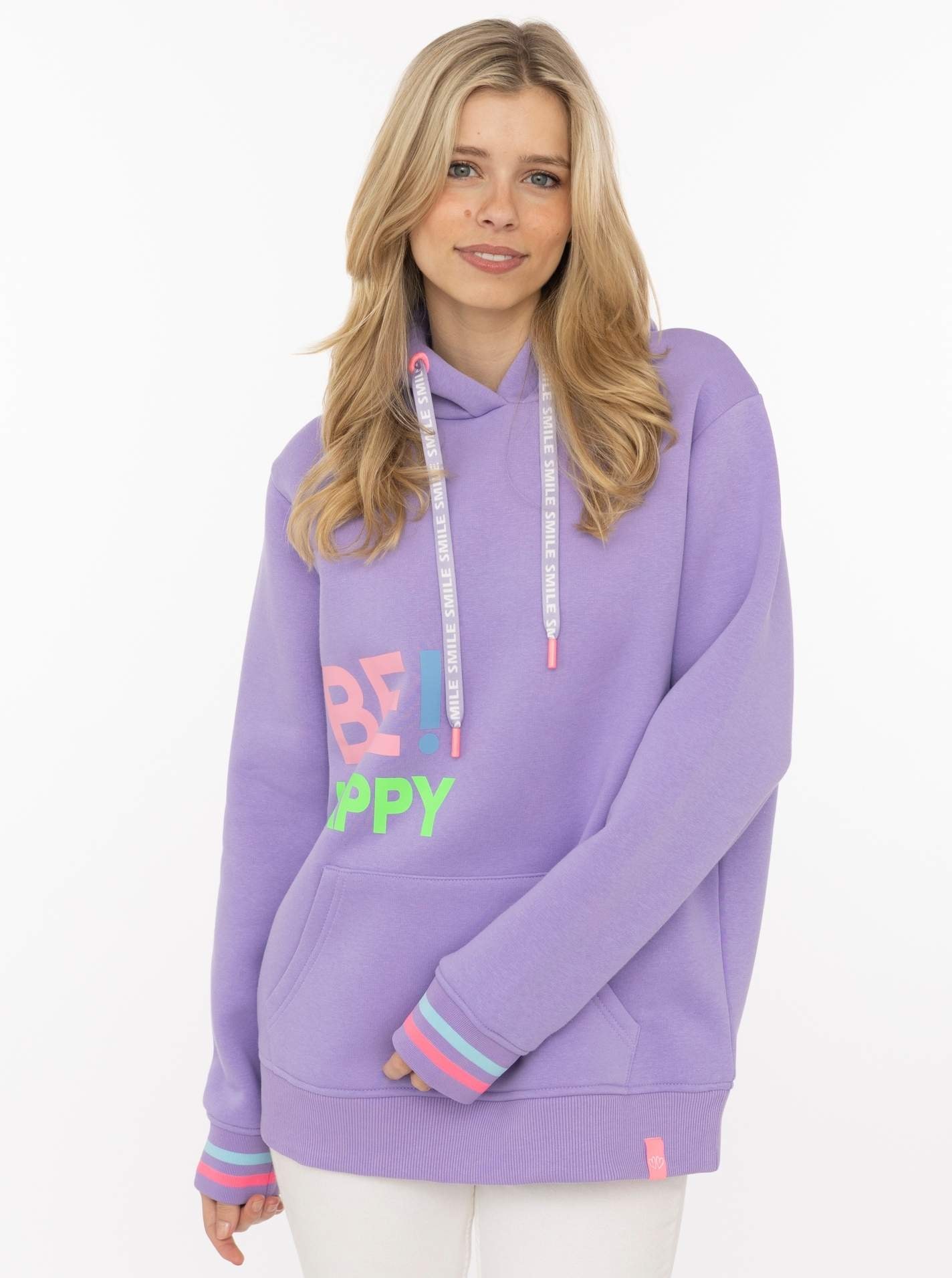 Zwillingsherz Hoodie »"Be Happy!"«, poignets rayés, impression sur la poitrine, capuche, poche kangourou
