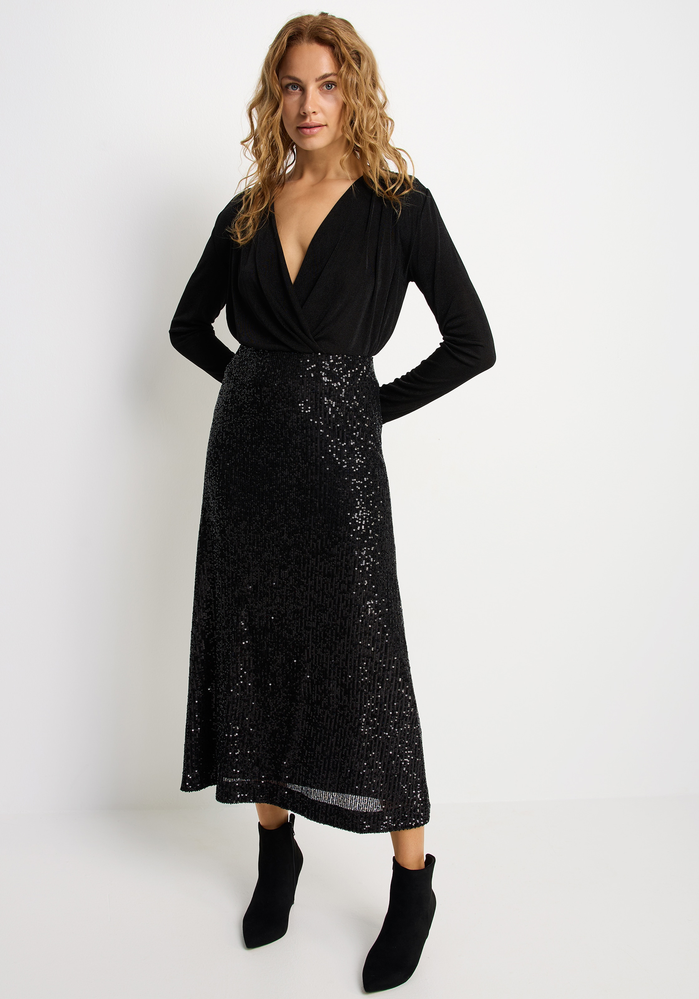 LASCANA Jupe à paillettes »in Midilänge mit elastischem Bund« Jupe midi à paillettes, jupe de fête, élégante et festive