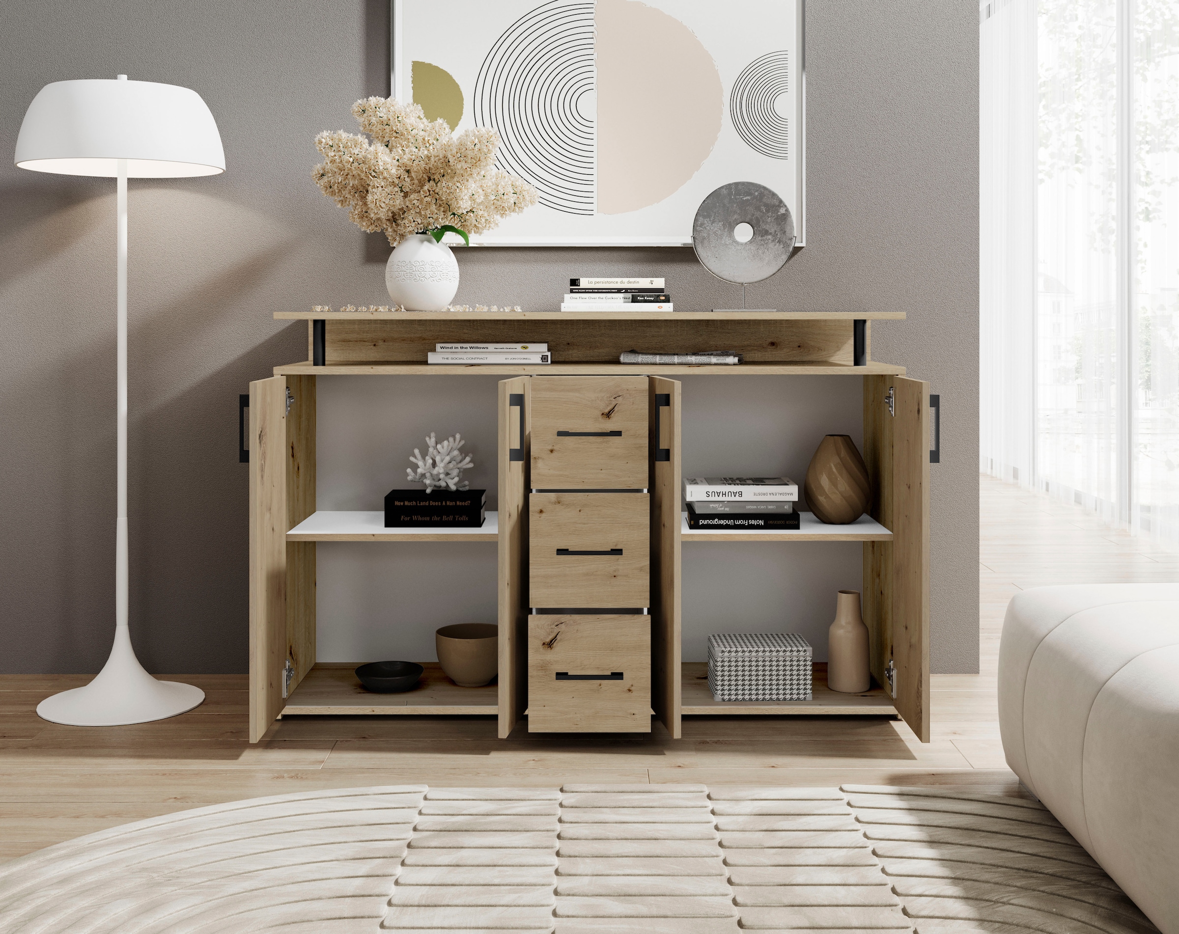 HBZ Sideboard »Drivno Sideboard, B/H/T 139x90x34 cm« Breite 139cm, Kugelauszug, Einlegeböden verstellbar, 3 Schubkästen