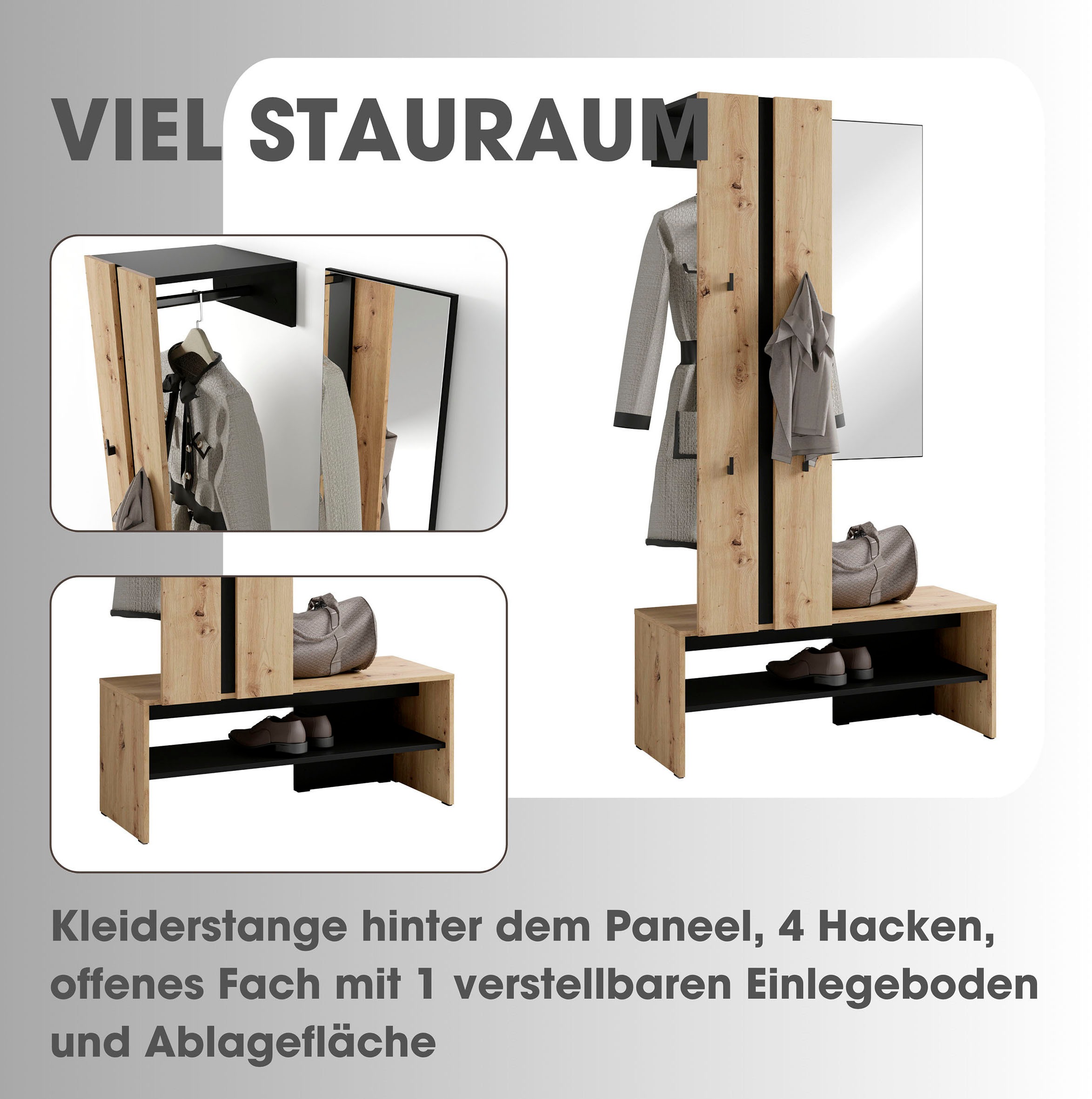 byLIVING Vestiaire compact »Dielen - Set Nante« 2 cuis tlg. maximale Ordnung auf wenig Fläche mit Spiegel, Kleiderstange und Haken