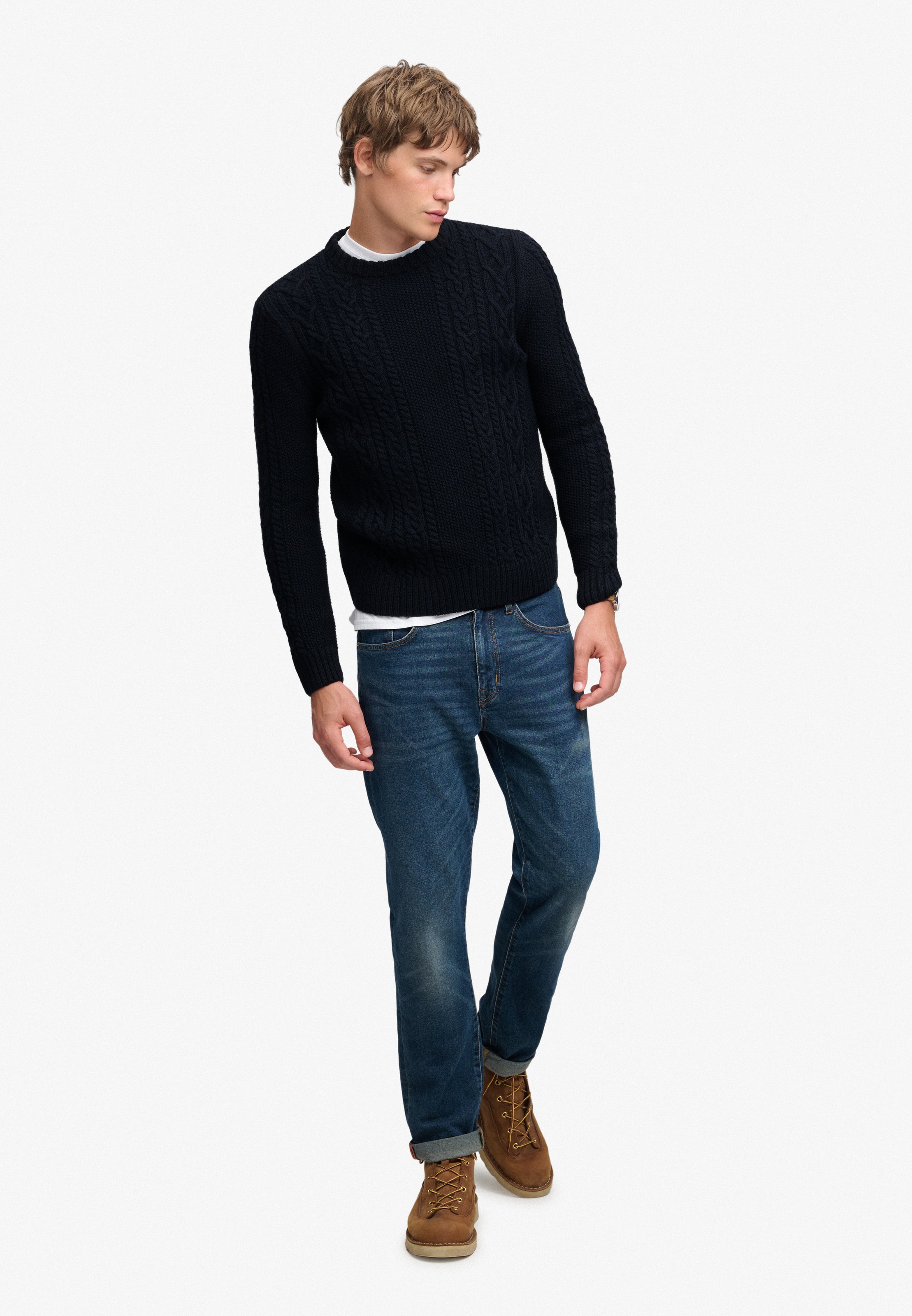 Superdry Pull à col rond »JACOB CABLE JUMPER« mélange de matériaux, coupe régulière