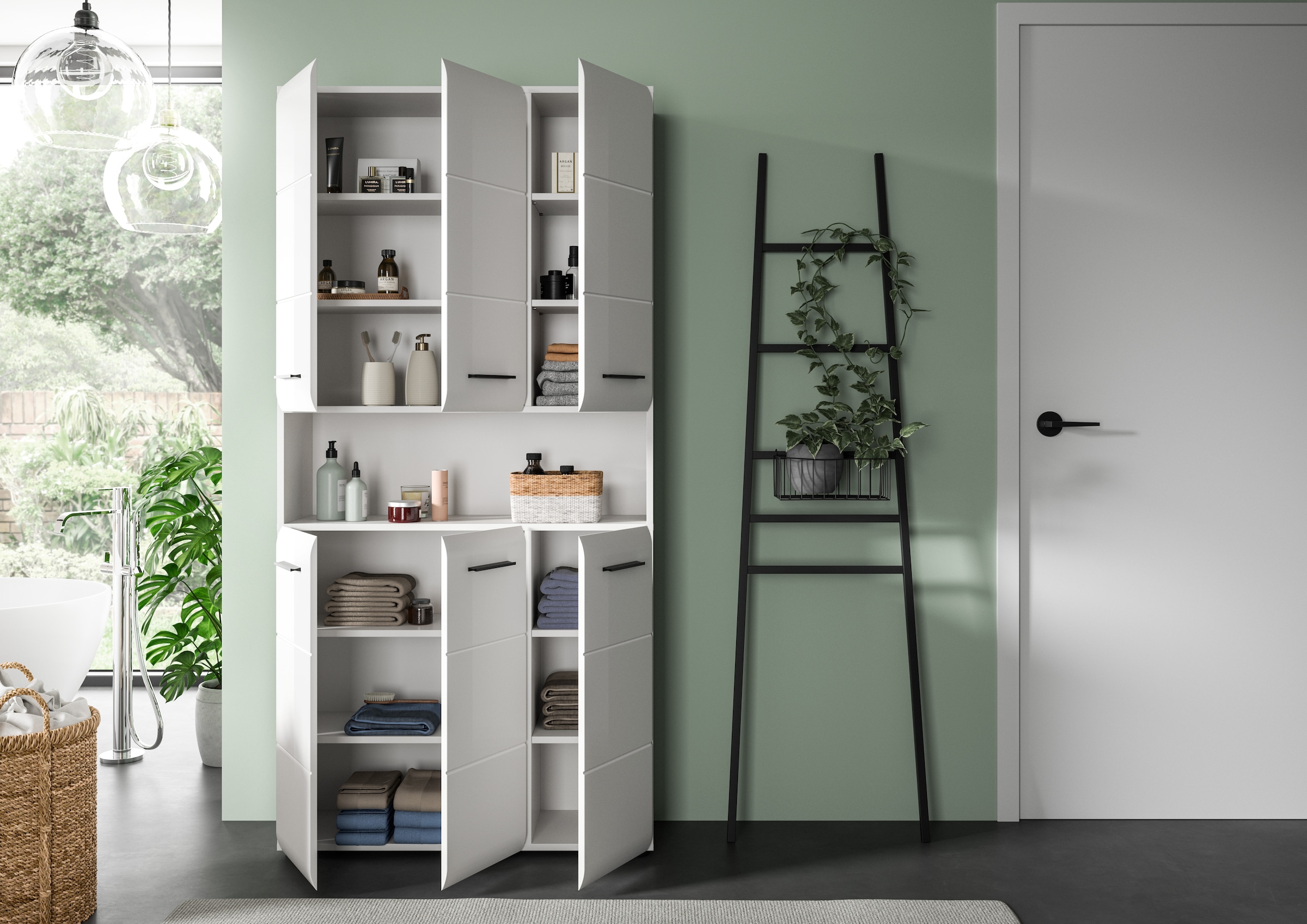 welltime Armoire de rangement 1 cuis tlg. Florenz, Mehrzweckschrank, Weiss Hochglanz Tiefzieh, 13 Fächer