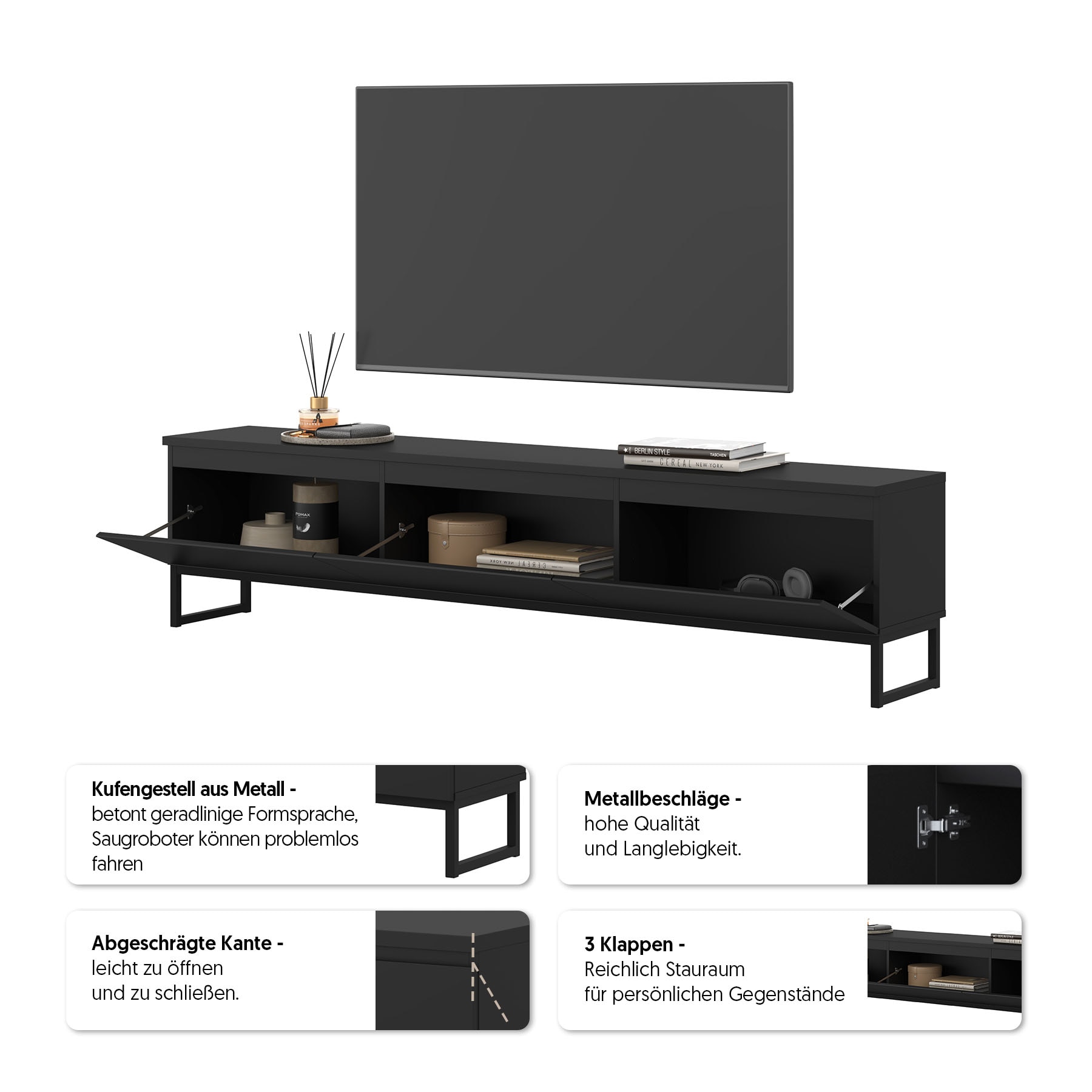 GOODproduct Lowboard »Modo II, Breite 200 cm, modernes griffloses Lowboard 3 Klappen« TV-Kommode mit viel Stauraum, Metallkufen